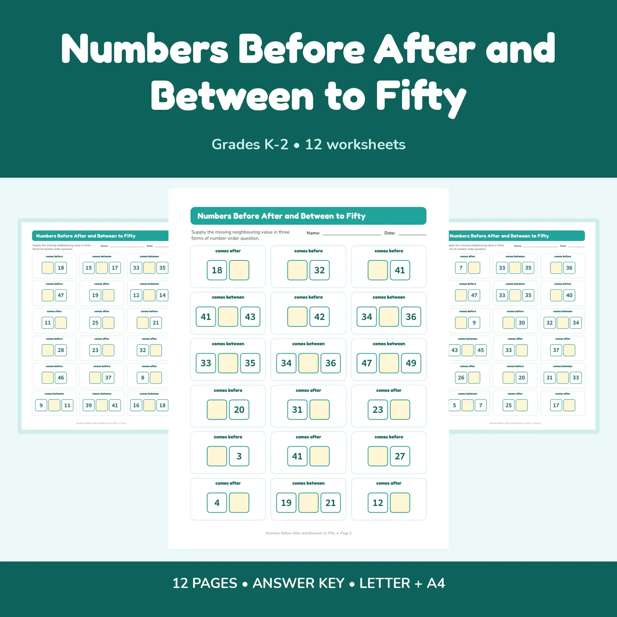 Numbers Before After and Between to Fifty - 12 Worksheets + Key preview