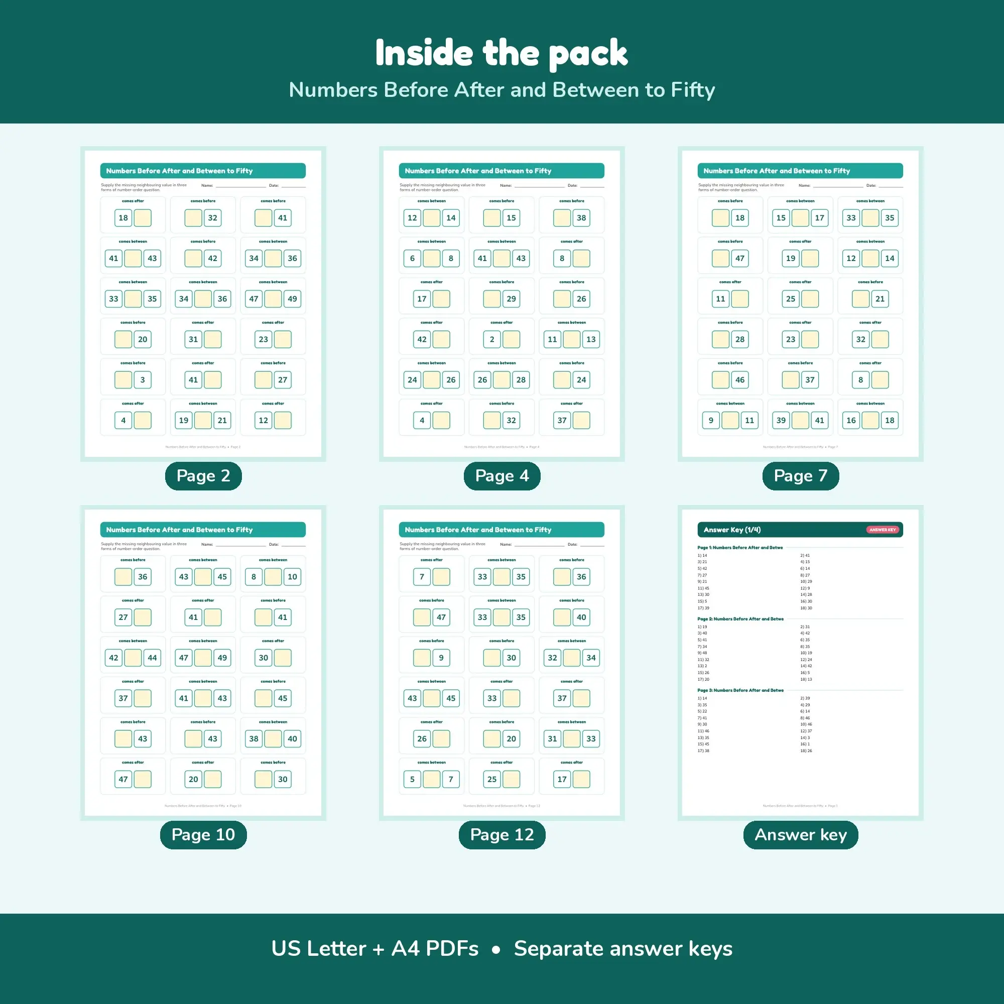 Numbers Before After and Between to Fifty - 12 Worksheets + Key, preview 2 of 2