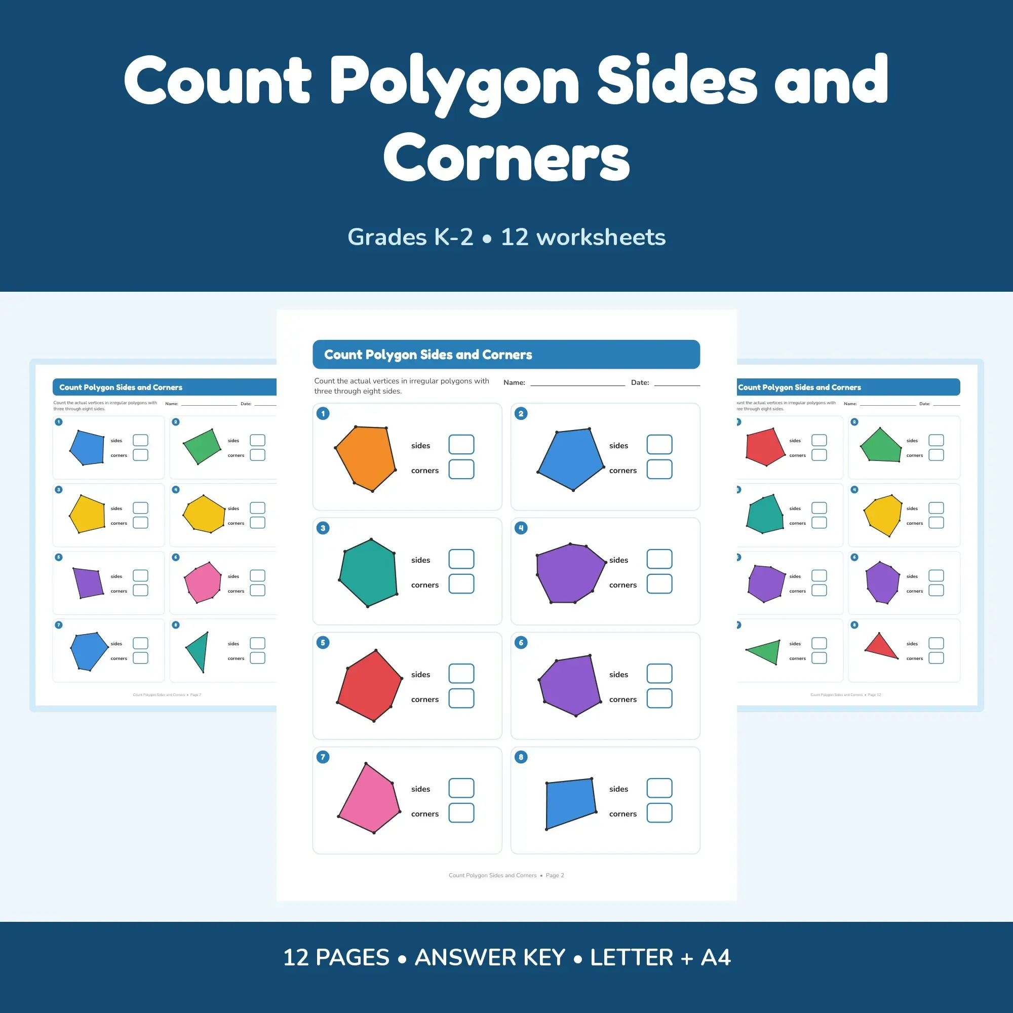 Count Polygon Sides and Corners - 12 Worksheets + Key preview