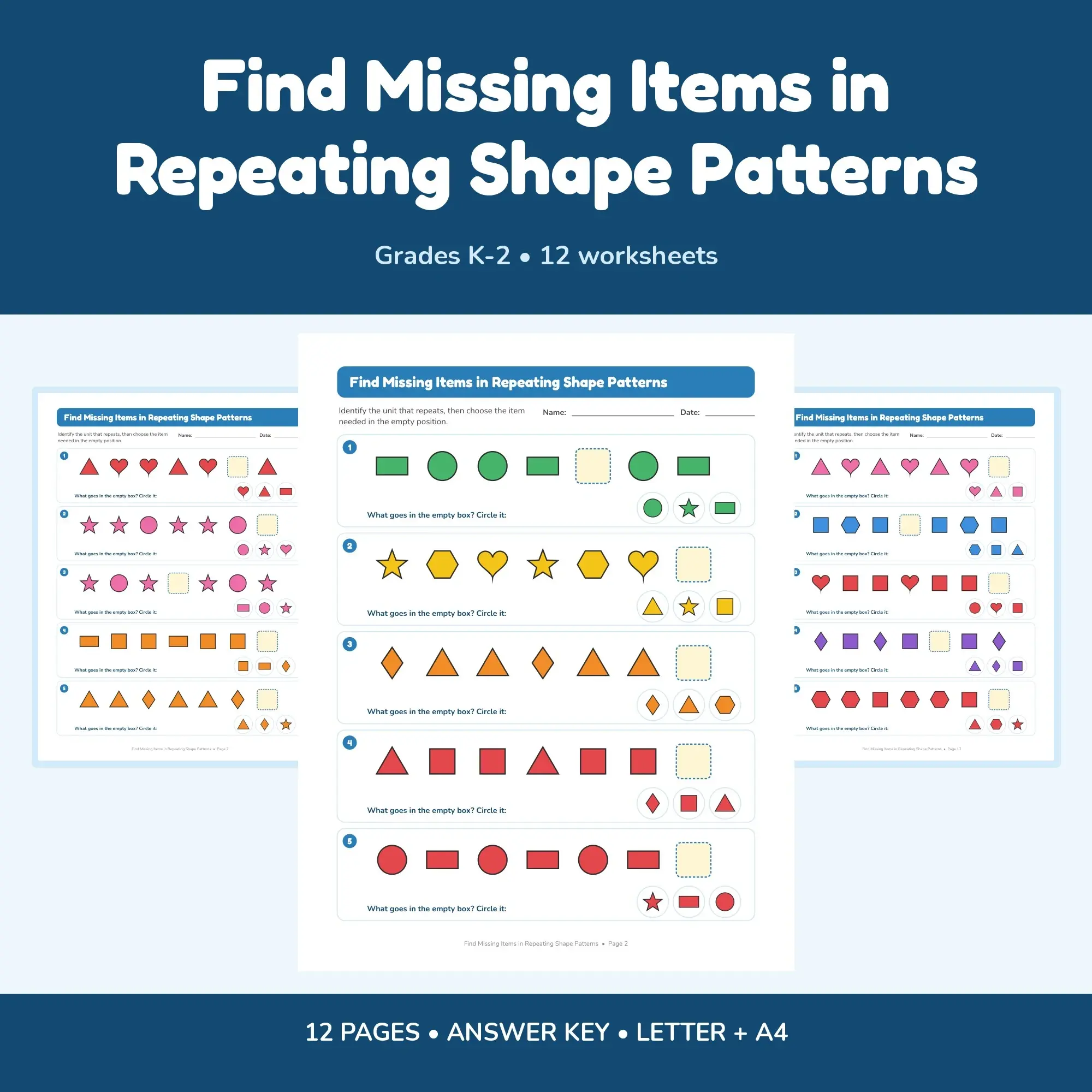 Find Missing Items in Repeating Shape Patterns - 12 Worksheets + Key preview