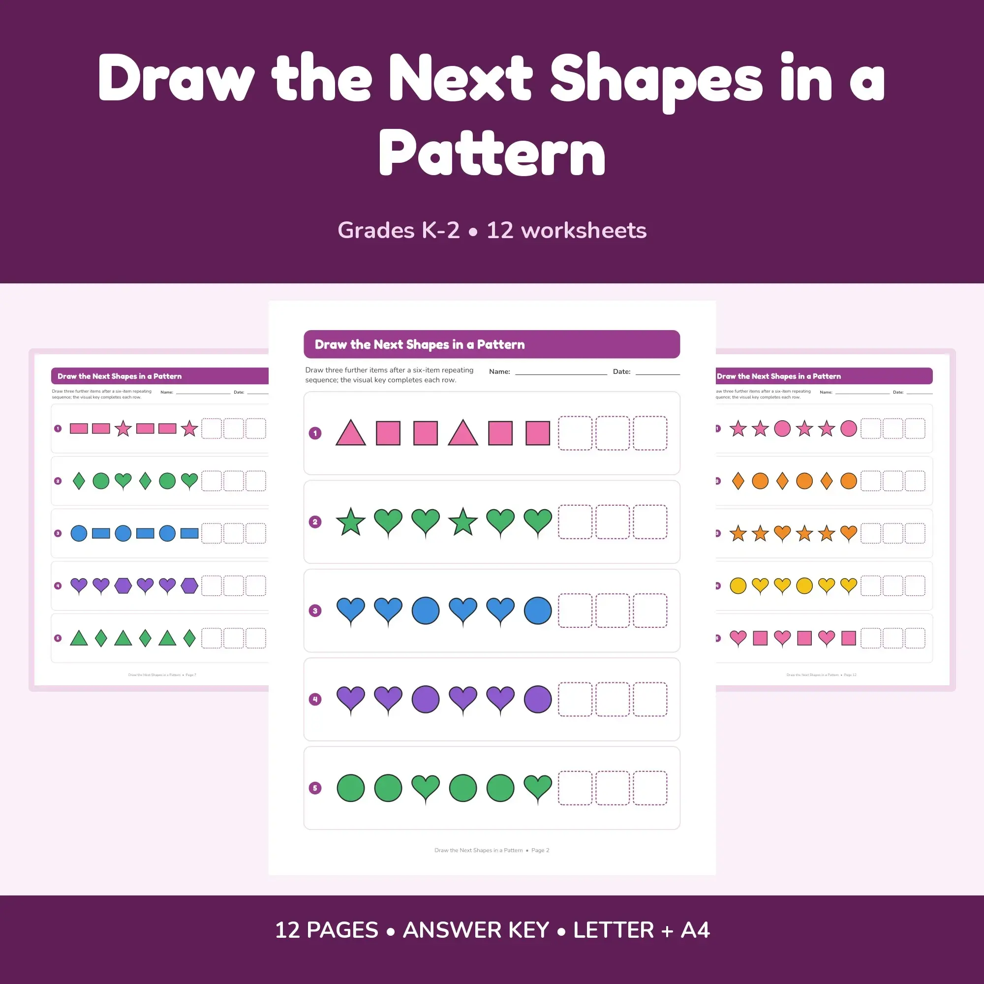 Draw the Next Shapes in a Pattern - 12 Worksheets + Key preview