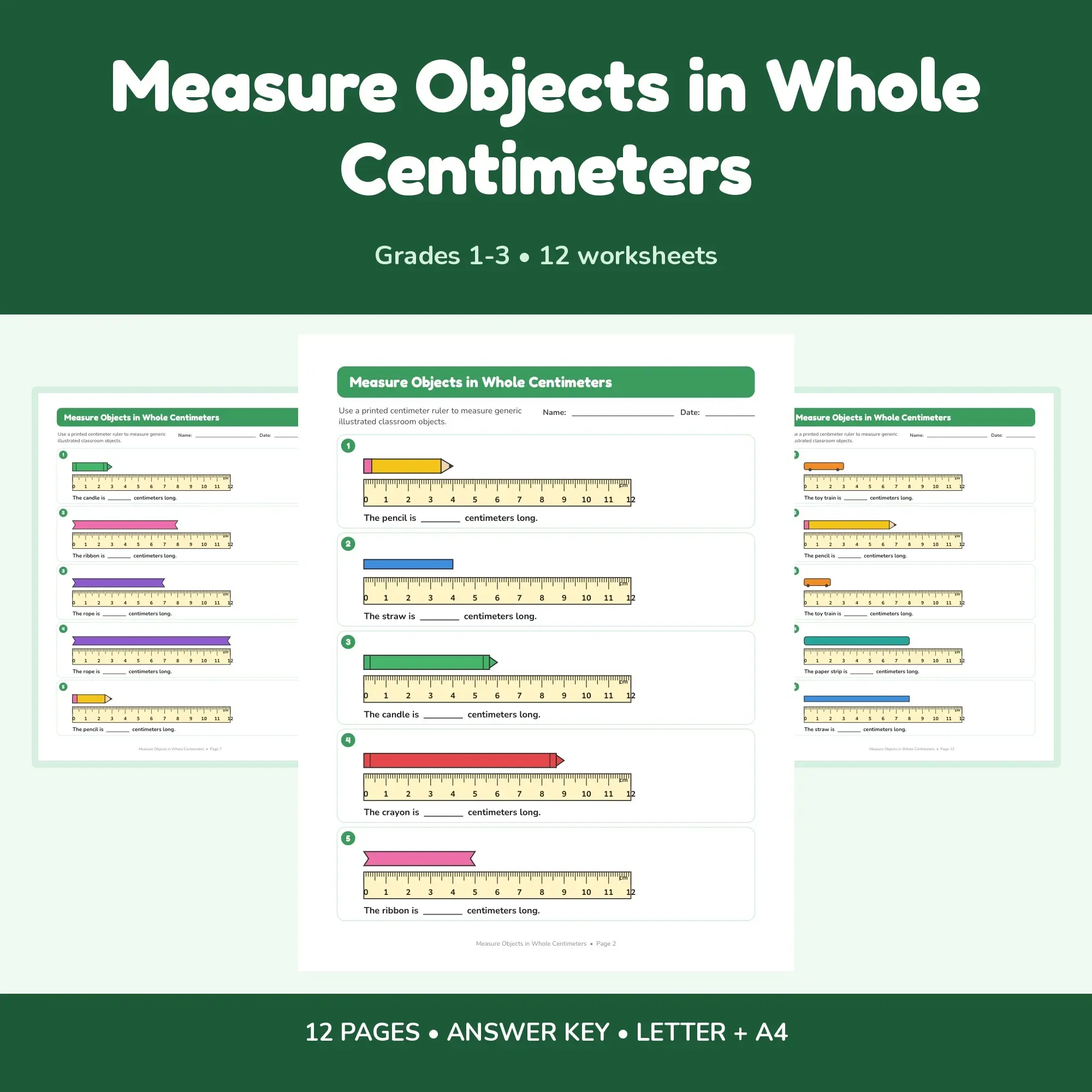 Measure Objects in Whole Centimeters - 12 Worksheets + Key preview