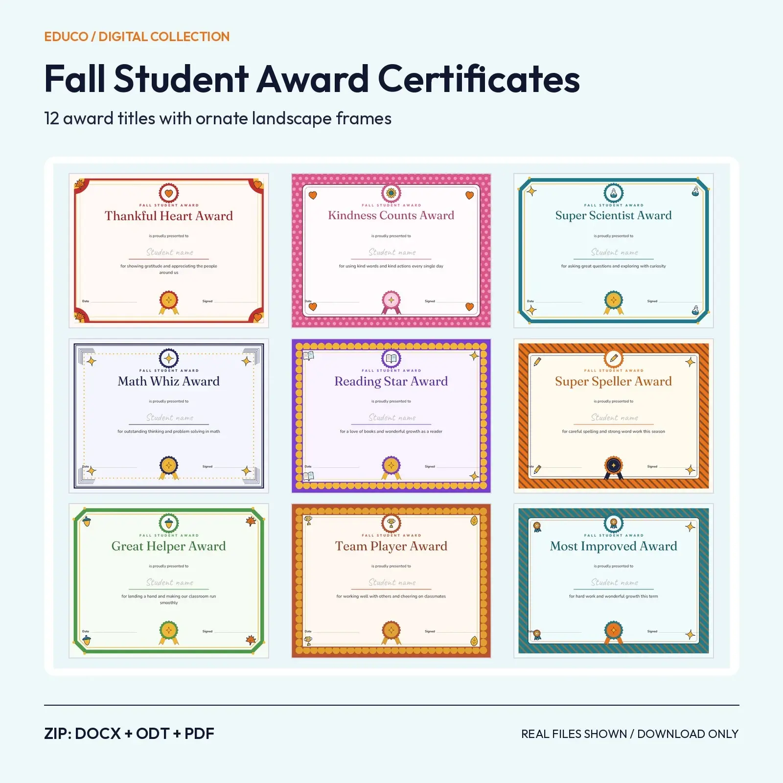 Fall Student Award Certificates: 12 Editable Awards from Thankful Heart to Math Whiz (DOCX, ODT, PDF) preview