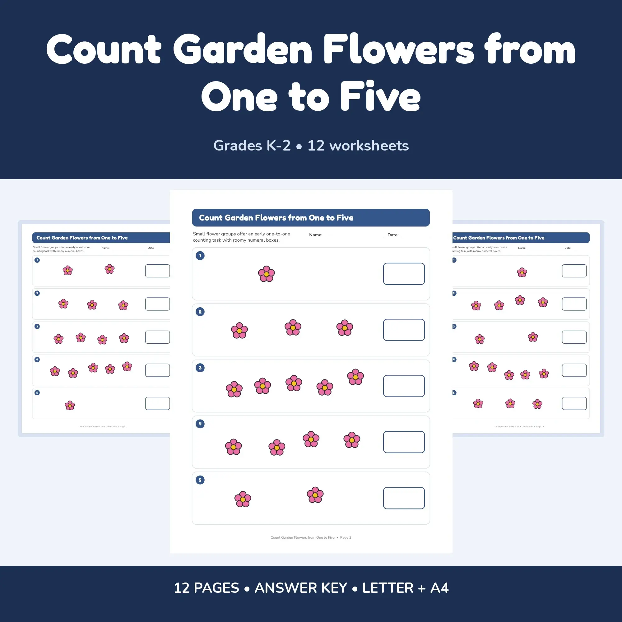 Count Garden Flowers from One to Five - 12 Worksheets + Key preview