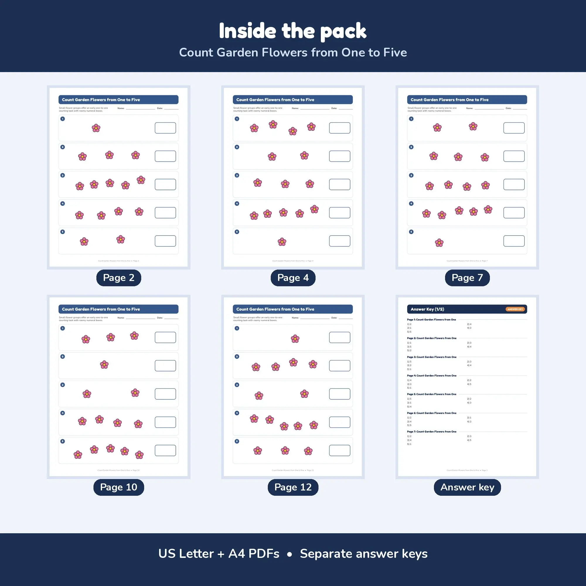 Count Garden Flowers from One to Five - 12 Worksheets + Key, preview 2 of 2