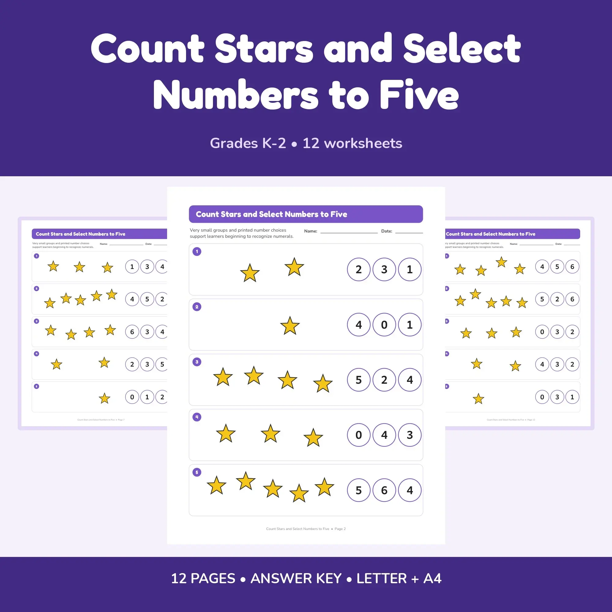 Count Stars and Select Numbers to Five - 12 Worksheets + Key, preview 1 of 2
