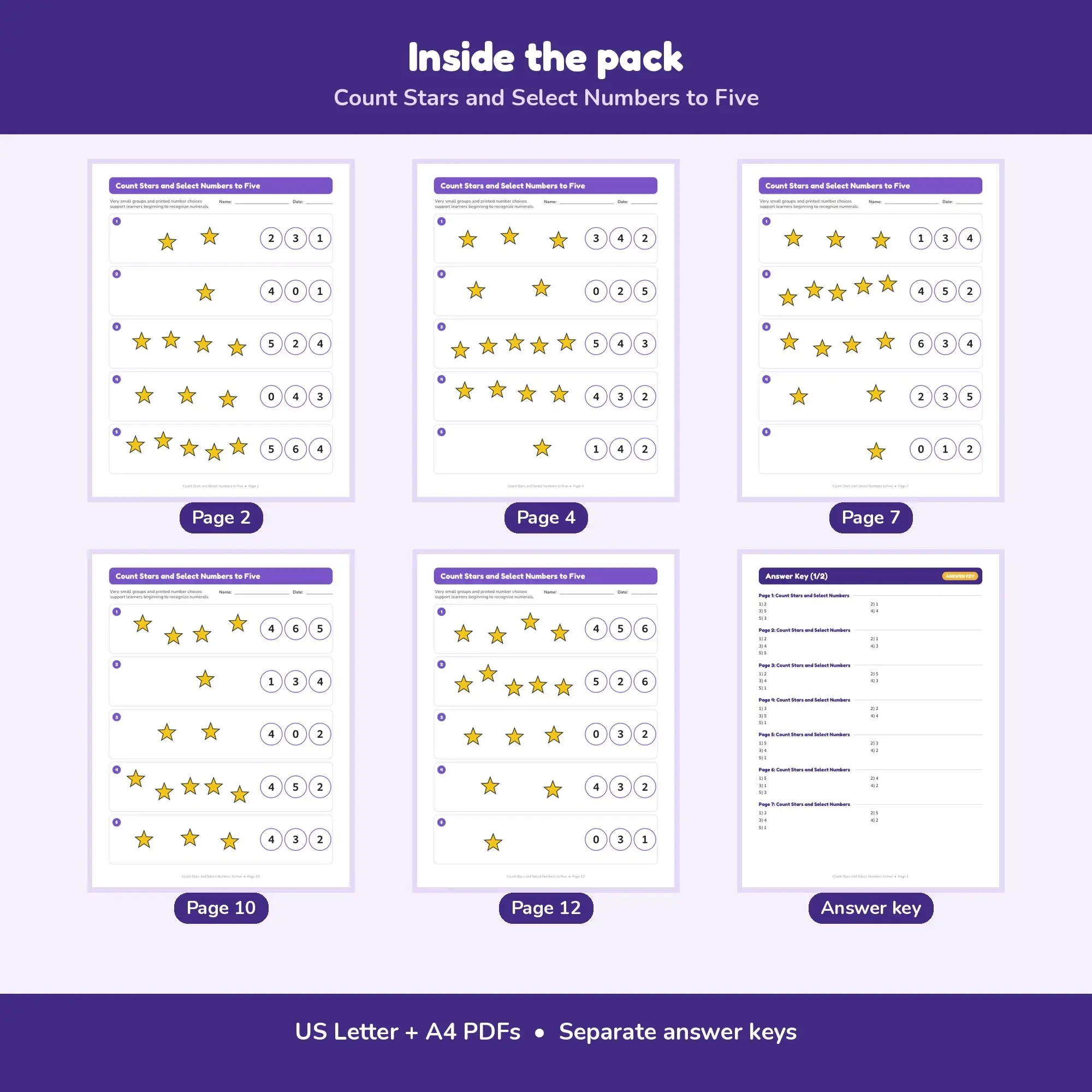Count Stars and Select Numbers to Five - 12 Worksheets + Key, preview 2 of 2
