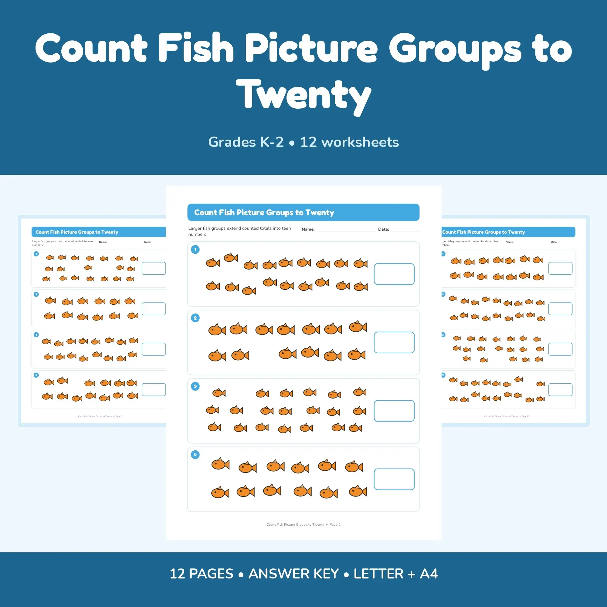 Count Fish Picture Groups to Twenty - 12 Worksheets + Key preview