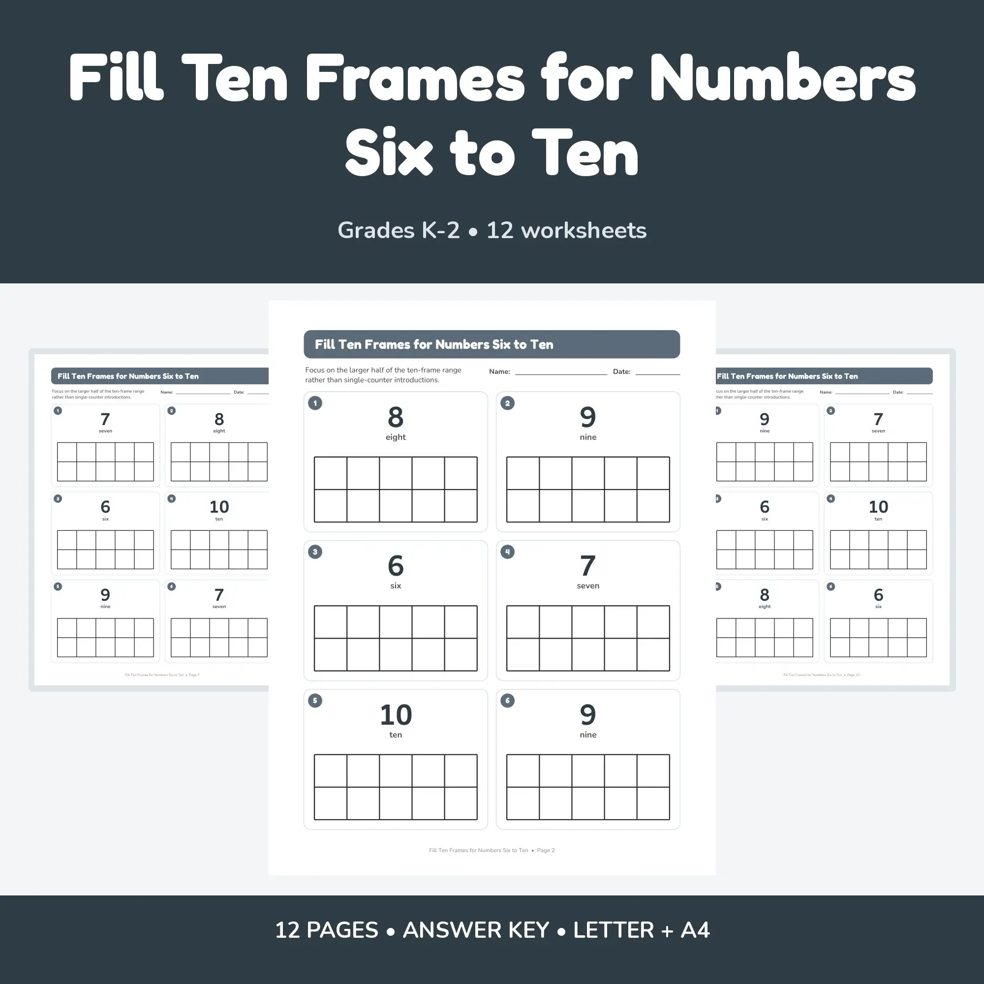 Fill Ten Frames for Numbers Six to Ten - 12 Worksheets + Key preview