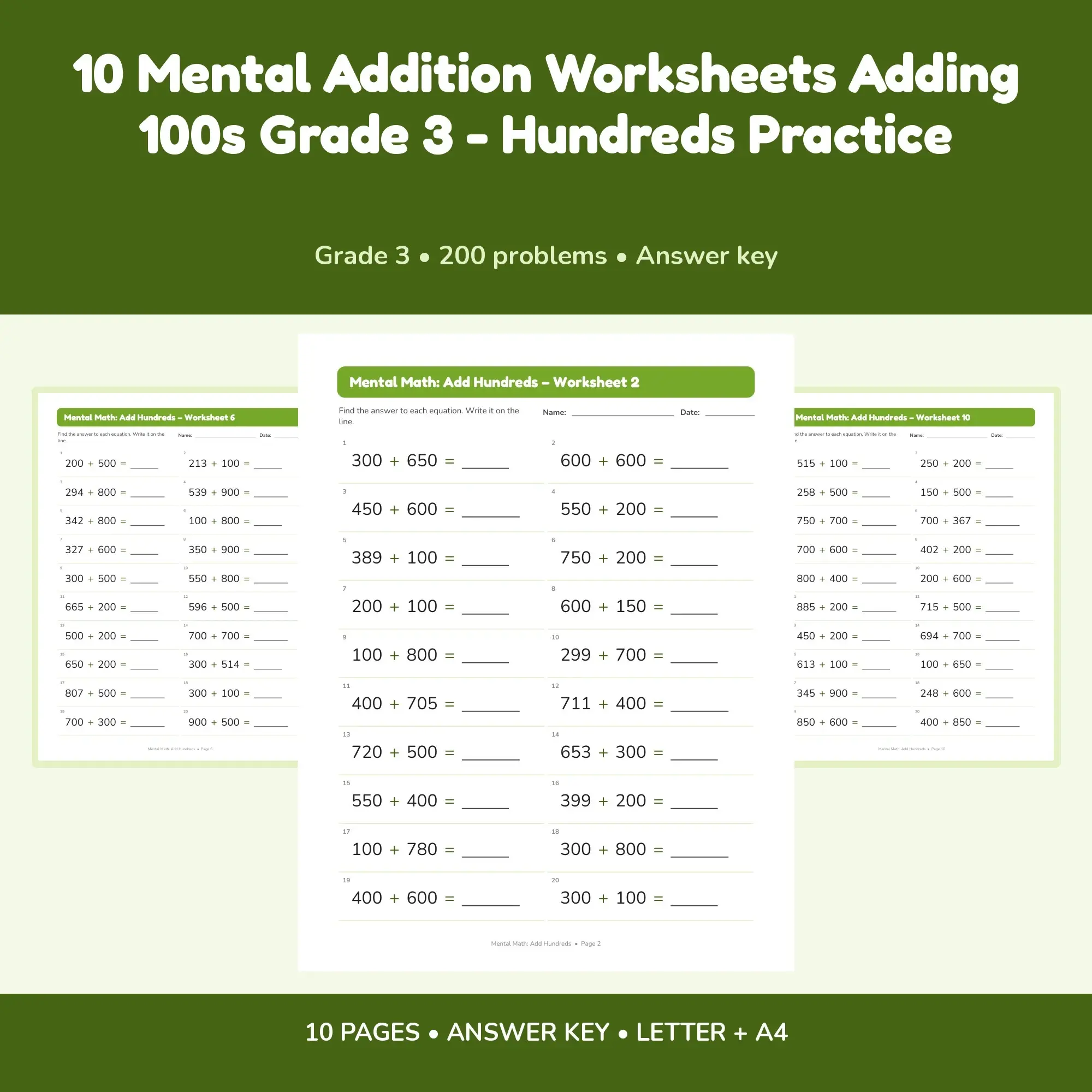 10 Mental Addition Worksheets Adding 100s Grade 3 - Hundreds Practice preview