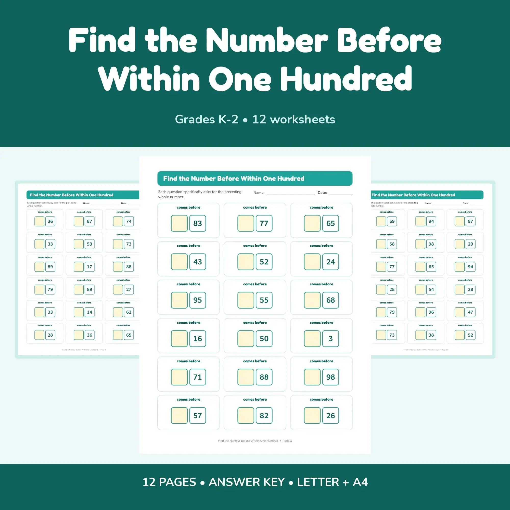 Find the Number Before Within One Hundred - 12 Worksheets + Key preview