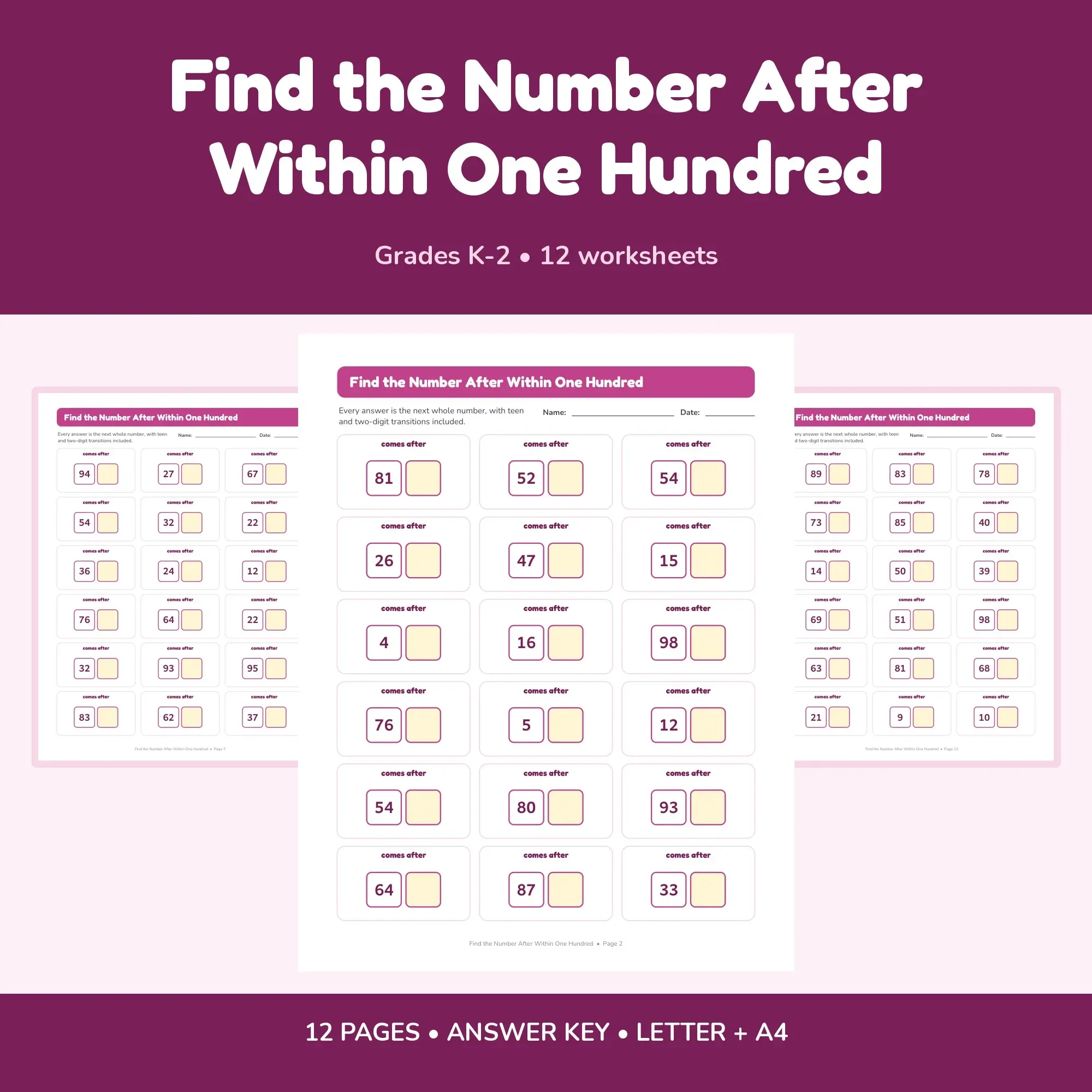Find the Number After Within One Hundred - 12 Worksheets + Key preview