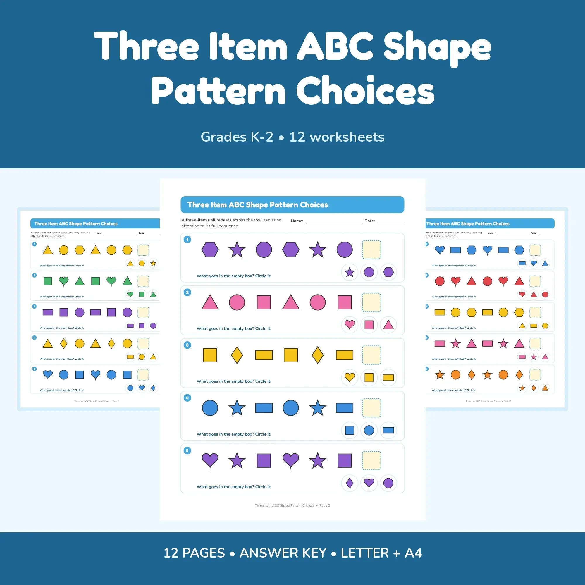 Three Item ABC Shape Pattern Choices - 12 Worksheets + Key preview