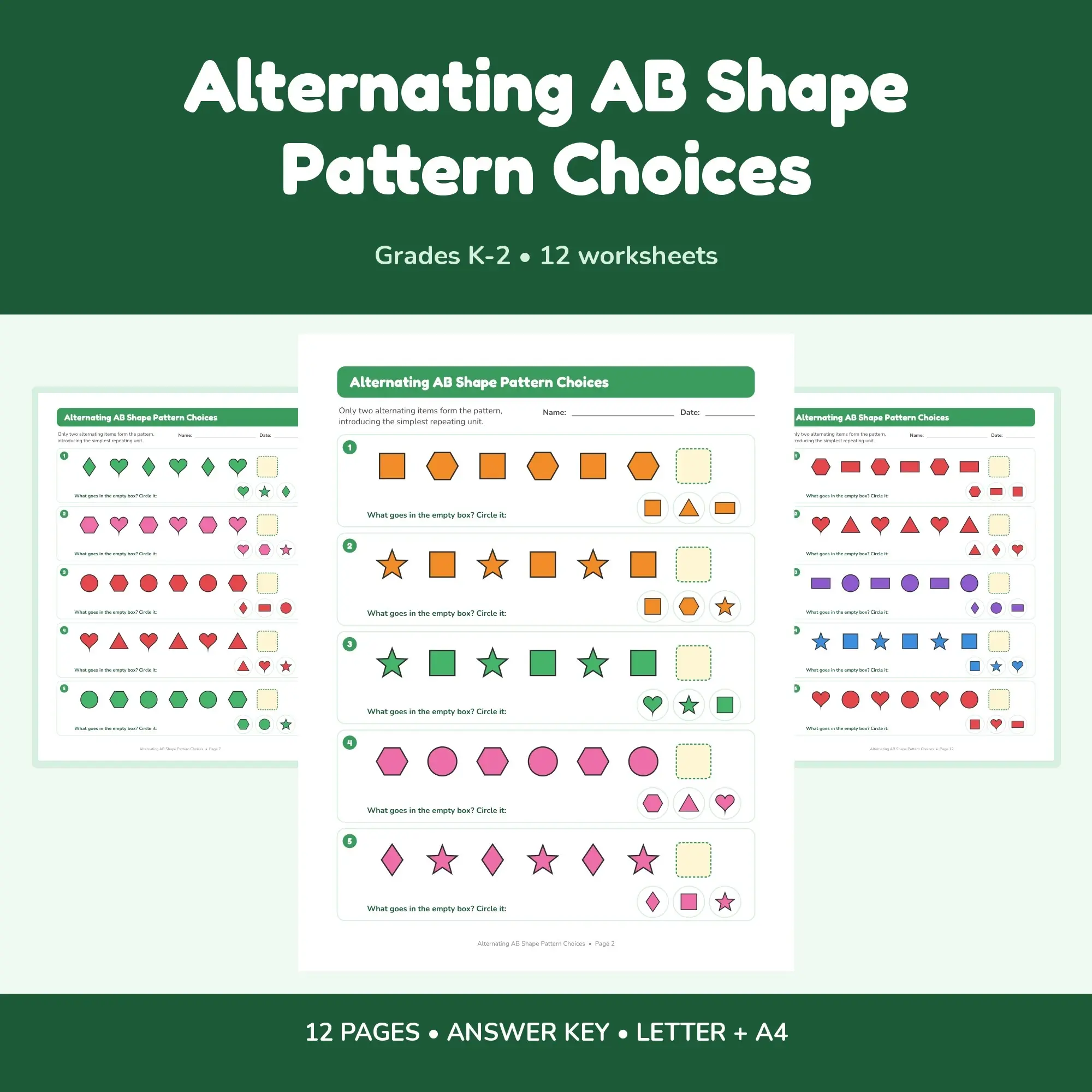 Alternating AB Shape Pattern Choices - 12 Worksheets + Key preview