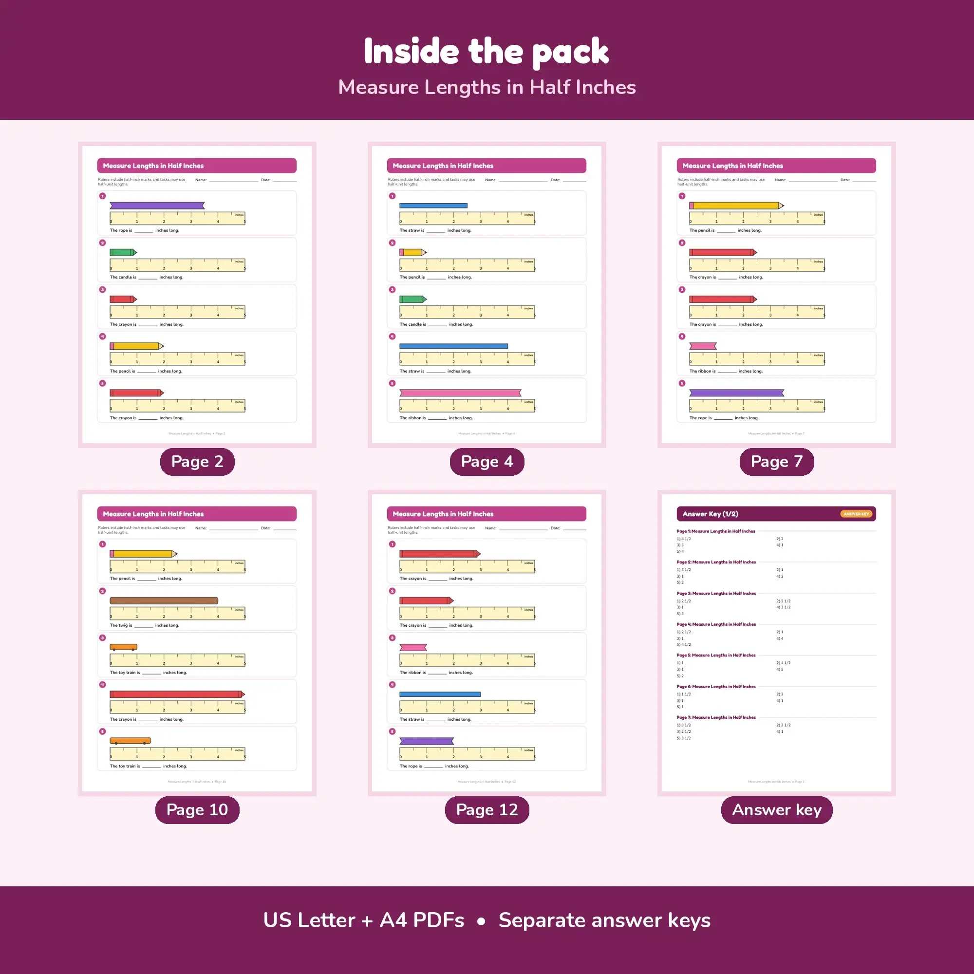 Measure Lengths in Half Inches - 12 Worksheets + Key, preview 2 of 2