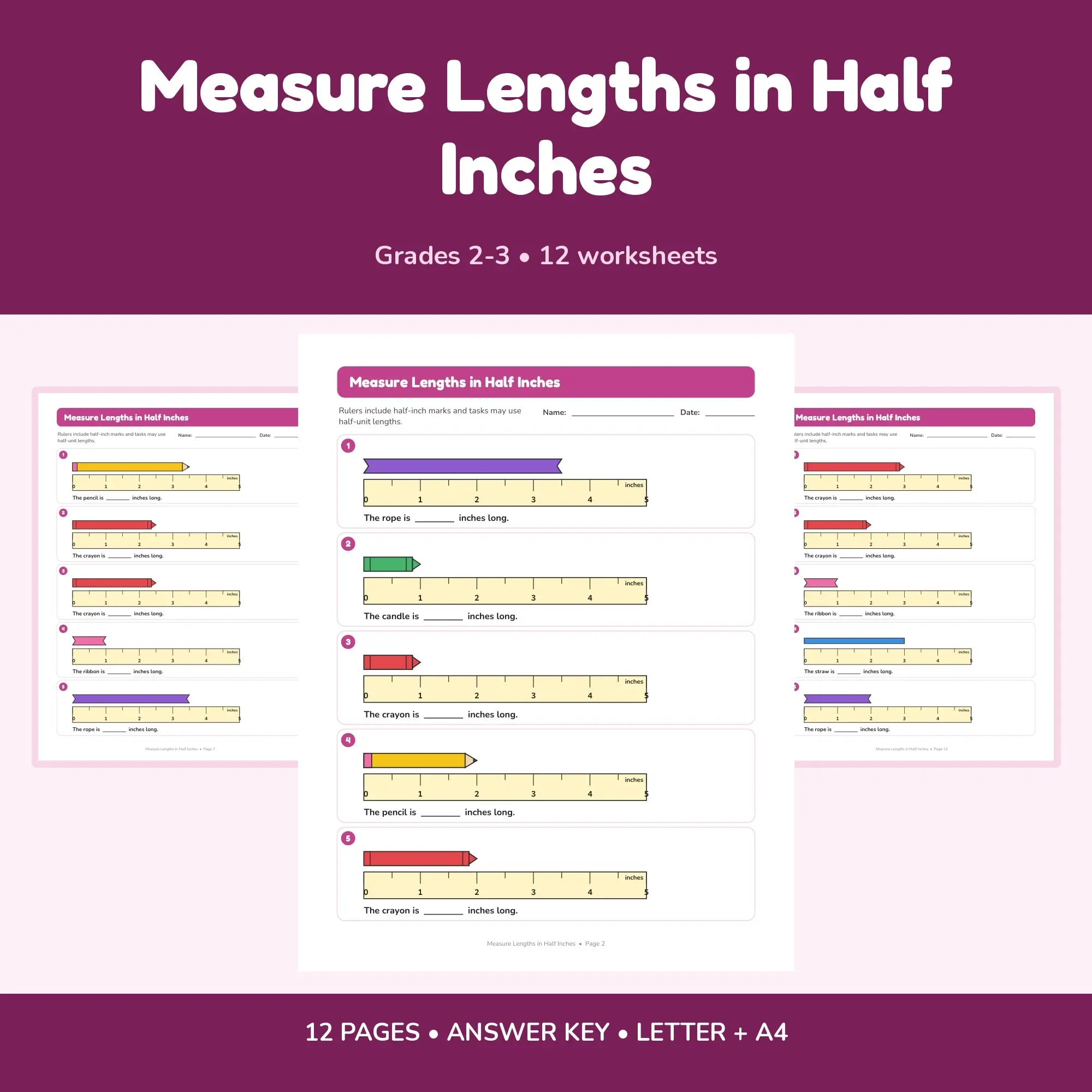 Measure Lengths in Half Inches - 12 Worksheets + Key preview