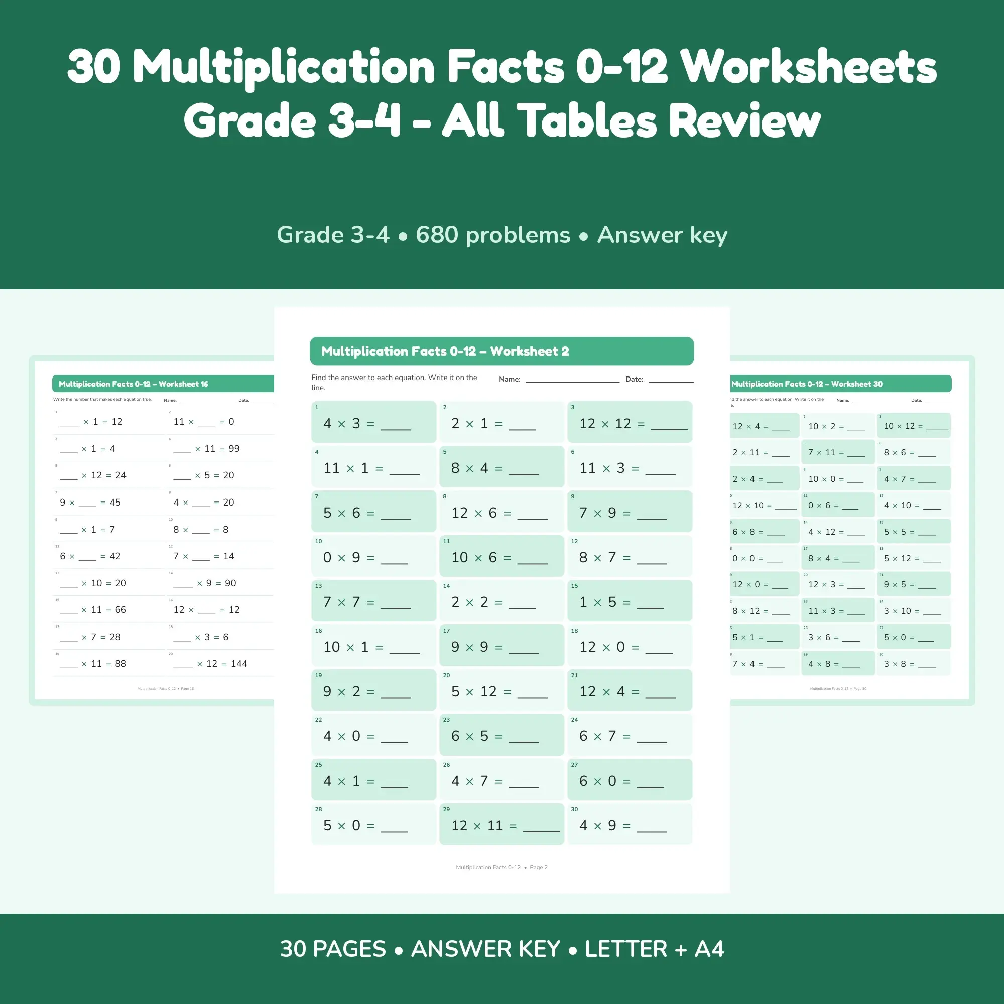 30 Multiplication Facts 0-12 Worksheets Grade 3-4 - All Tables Review, preview 1 of 2