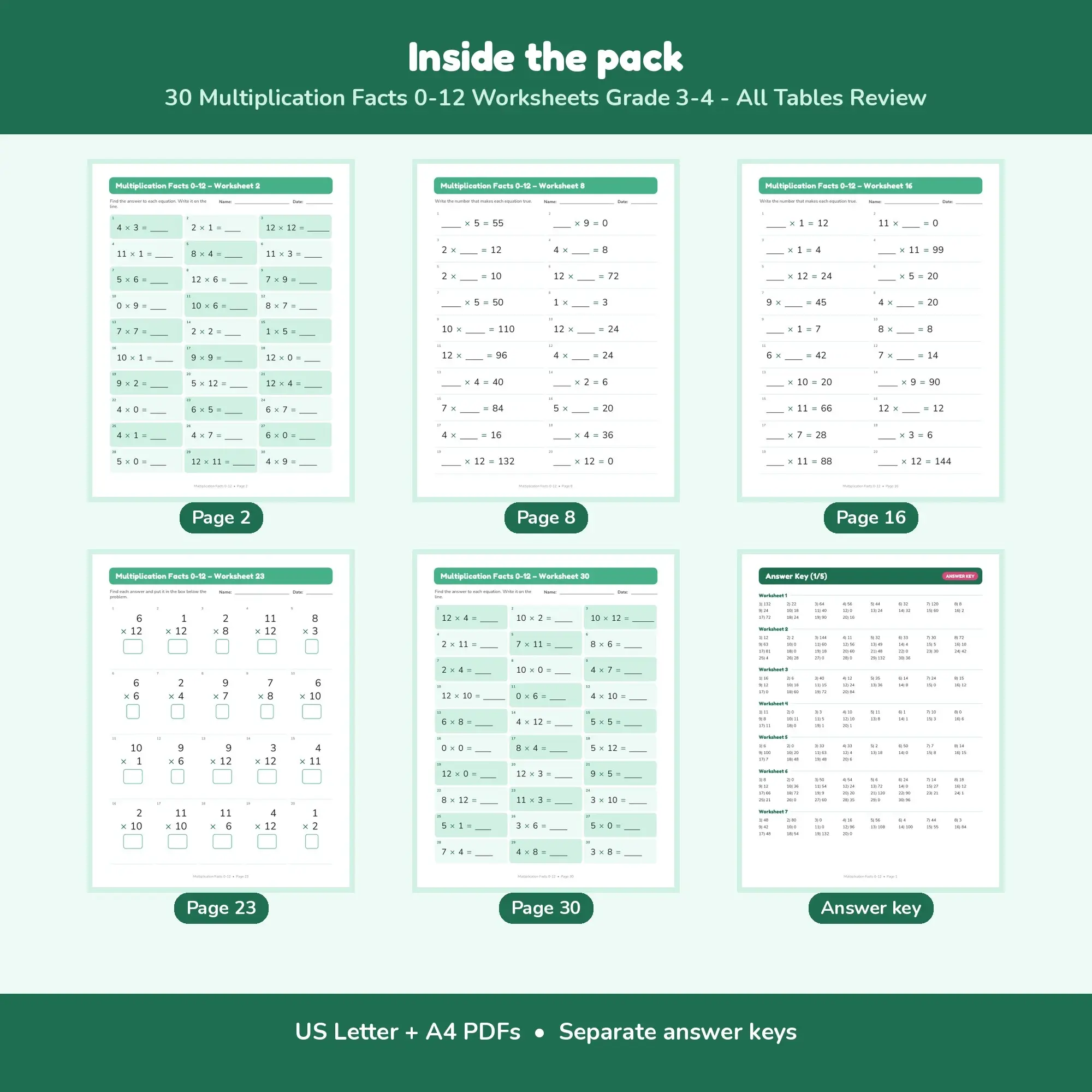 30 Multiplication Facts 0-12 Worksheets Grade 3-4 - All Tables Review, preview 2 of 2