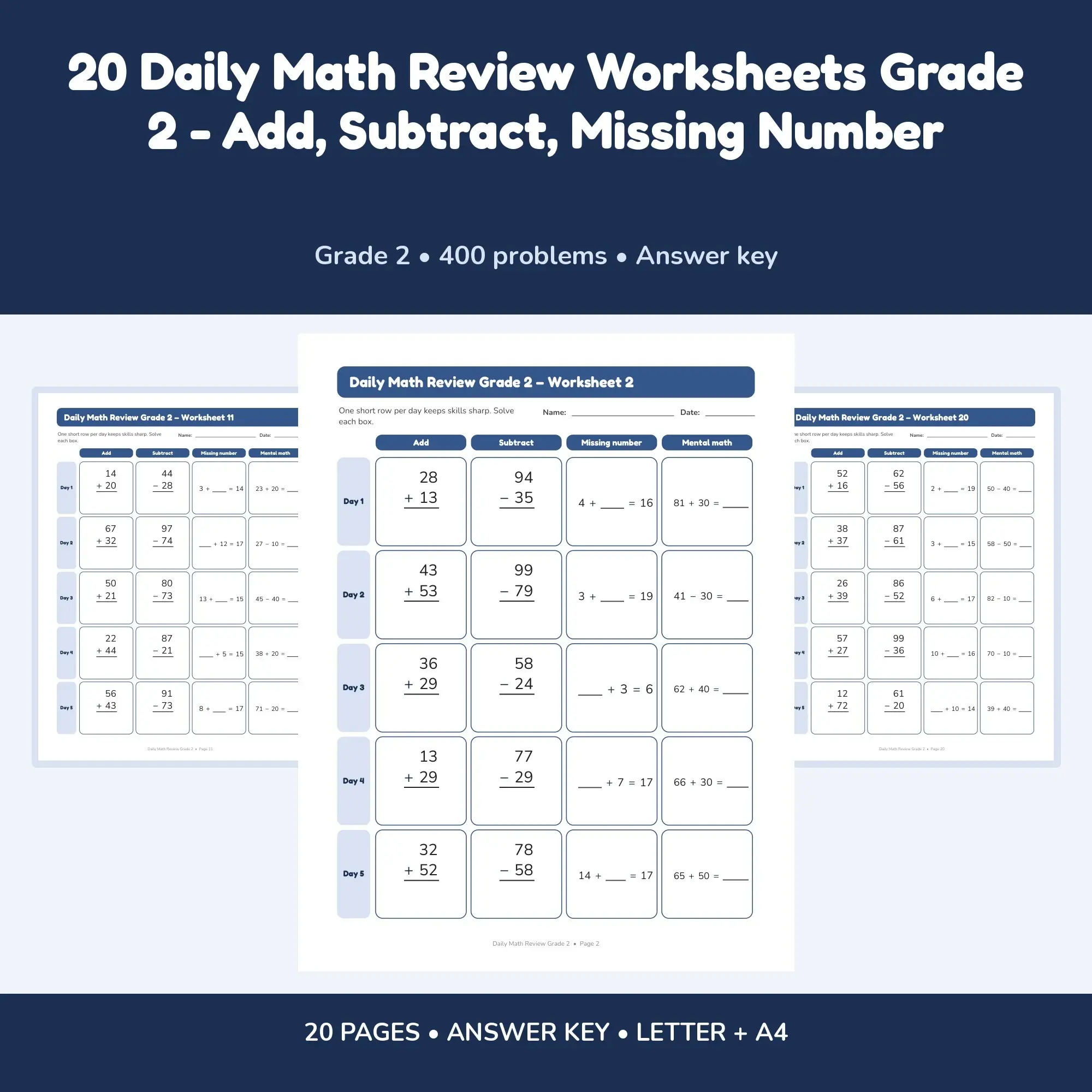 20 Daily Math Review Worksheets Grade 2 - Add, Subtract, Missing Number preview