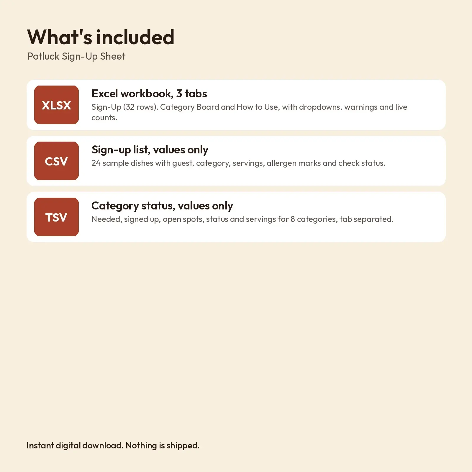 Potluck Sign-Up Spreadsheet: Dish Categories with Limits, Allergen Marks and Auto Full Warning, preview 4 of 4