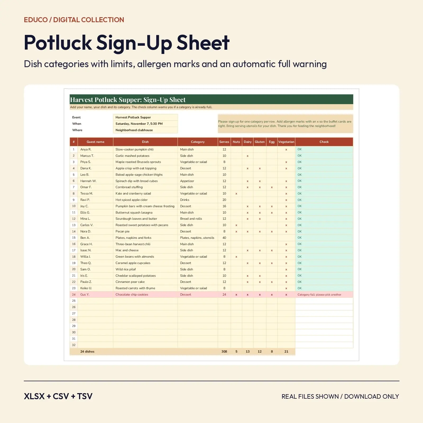 Potluck Sign-Up Spreadsheet: Dish Categories with Limits, Allergen Marks and Auto Full Warning preview