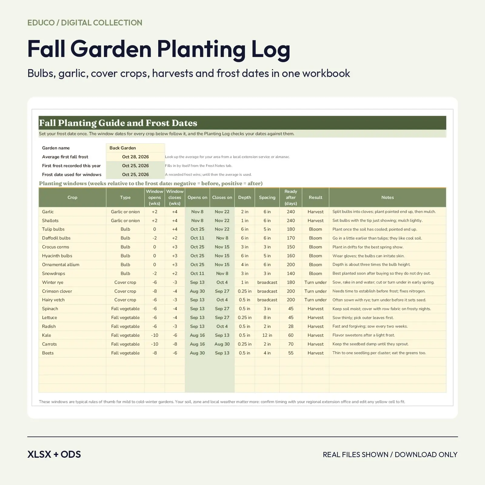Fall Garden Planting Log Spreadsheet: Bulbs, Garlic, Cover Crops, Harvest Dates and Frost Tracker preview