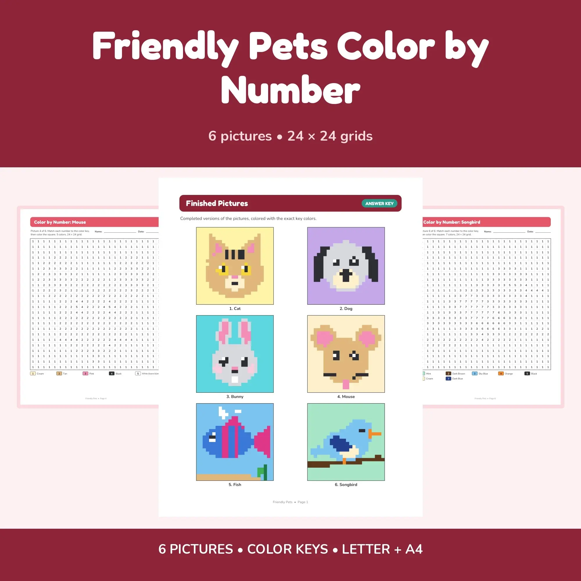Friendly Pets Color by Number - 6 Pixel Pictures, preview 1 of 2