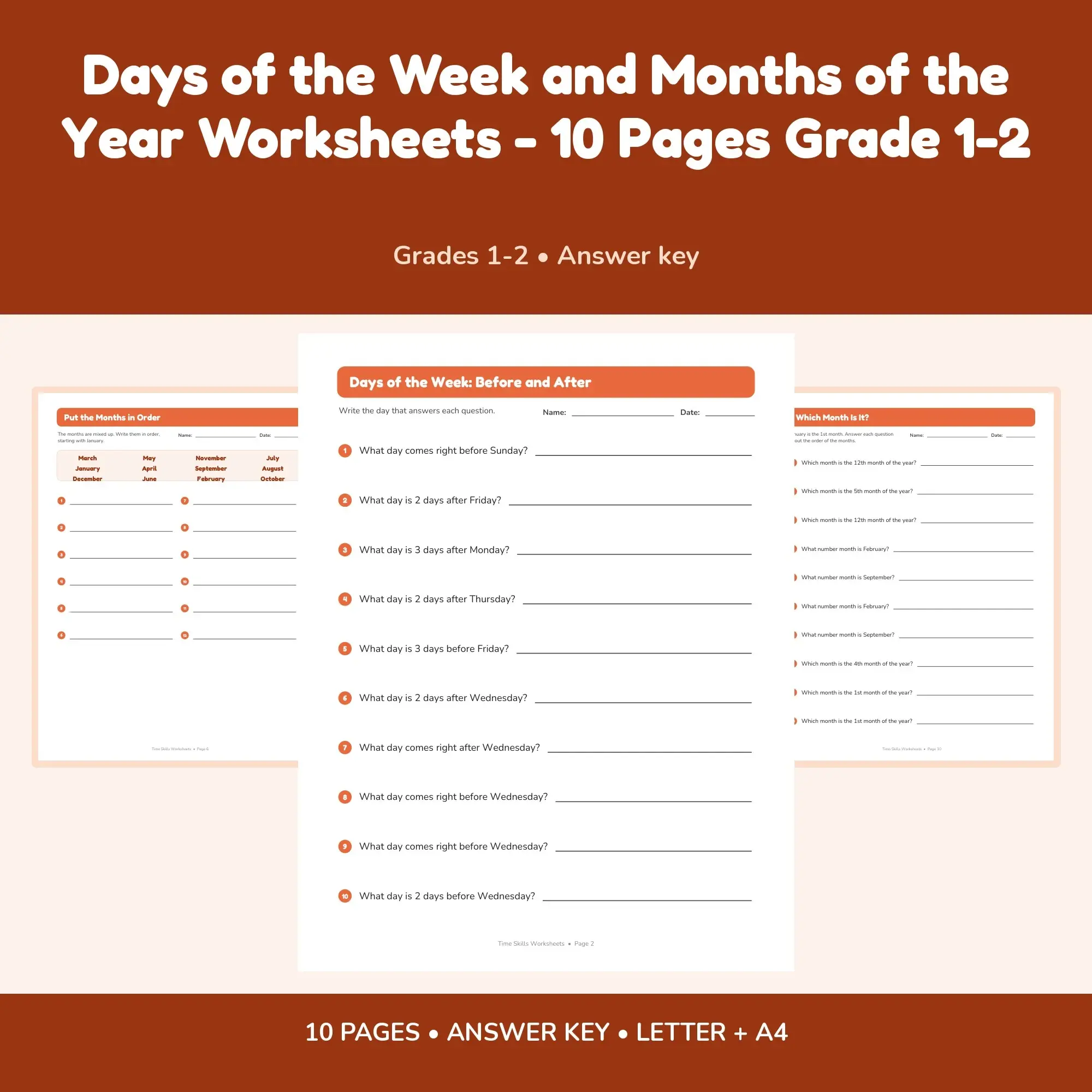 Days of the Week and Months of the Year Worksheets - 10 Pages Grade 1-2 preview
