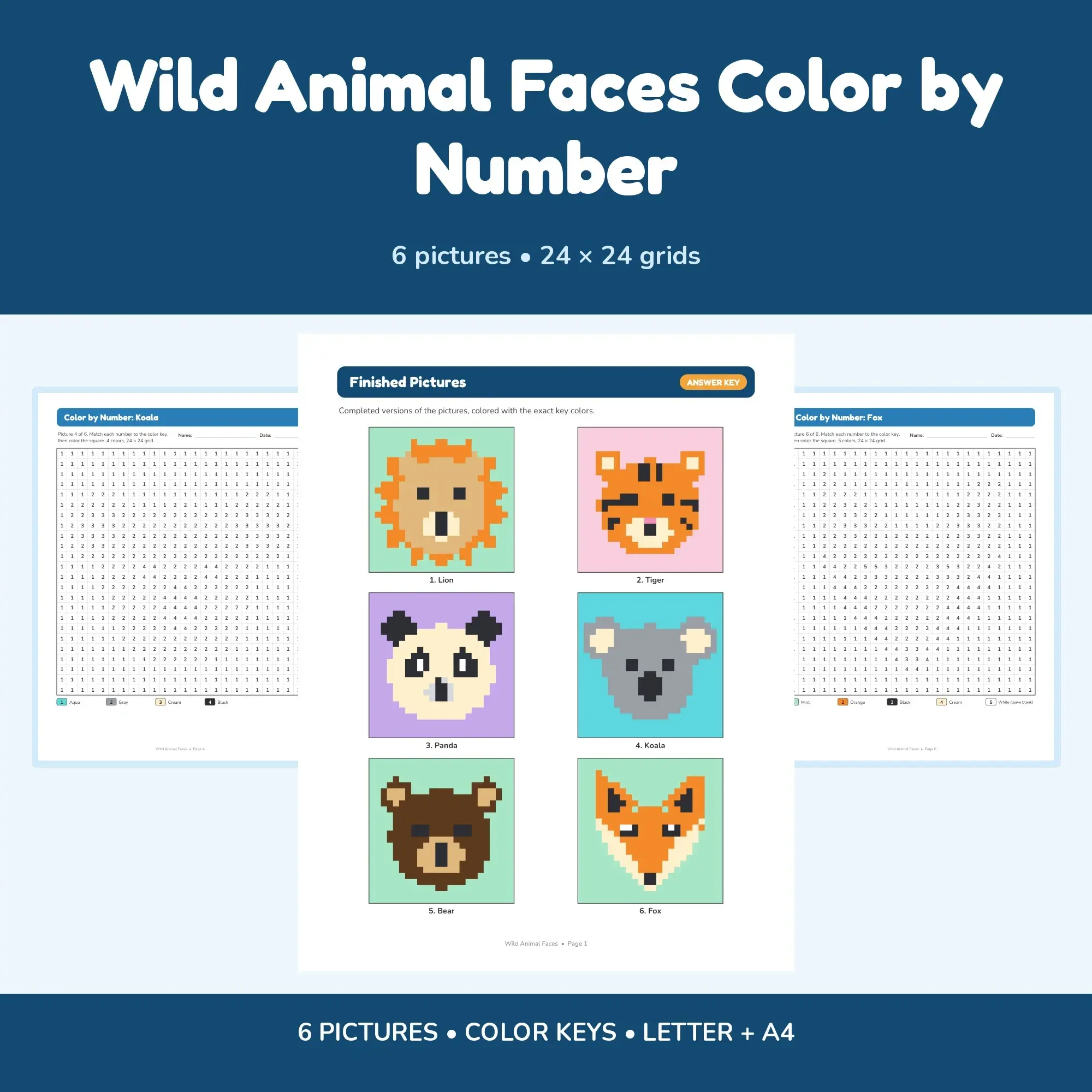 Wild Animal Faces Color by Number - 6 Pixel Pictures preview
