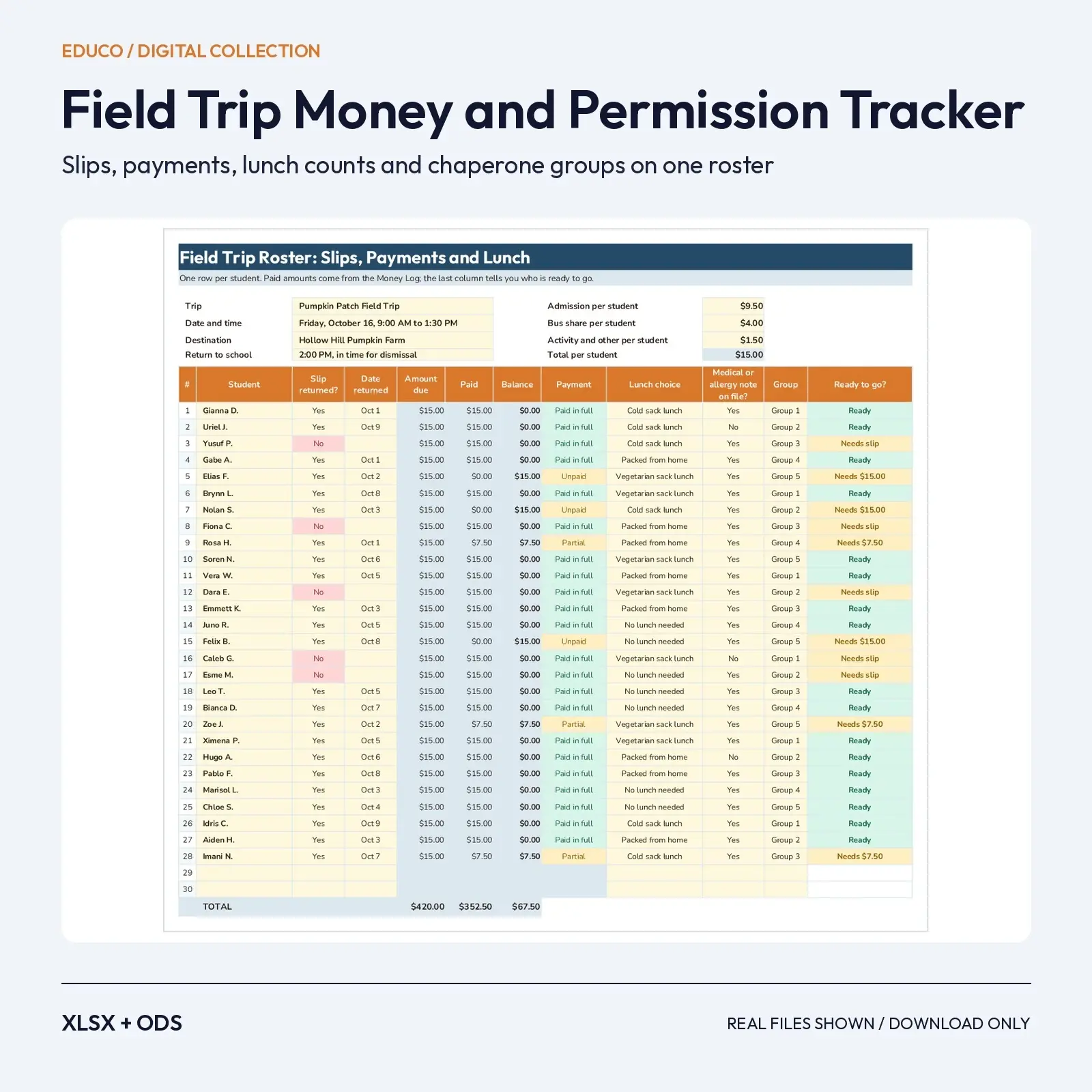 Fall Field Trip Money and Permission Slip Tracker Spreadsheet: Payments, Lunch Counts, Chaperone Groups preview