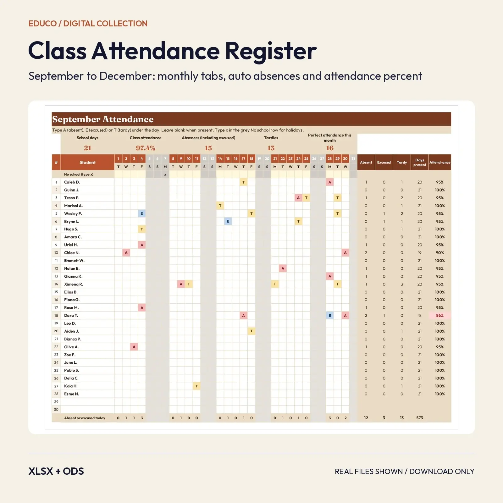 Class Attendance Register Spreadsheet, September to December: Monthly Tabs and Auto Attendance Percent preview