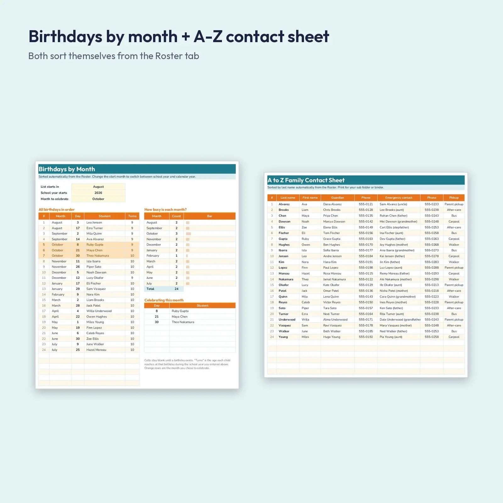 Fall Class Roster and Family Contact Sheet – Excel Template with Birthdays Sorted by Month, preview 3 of 4