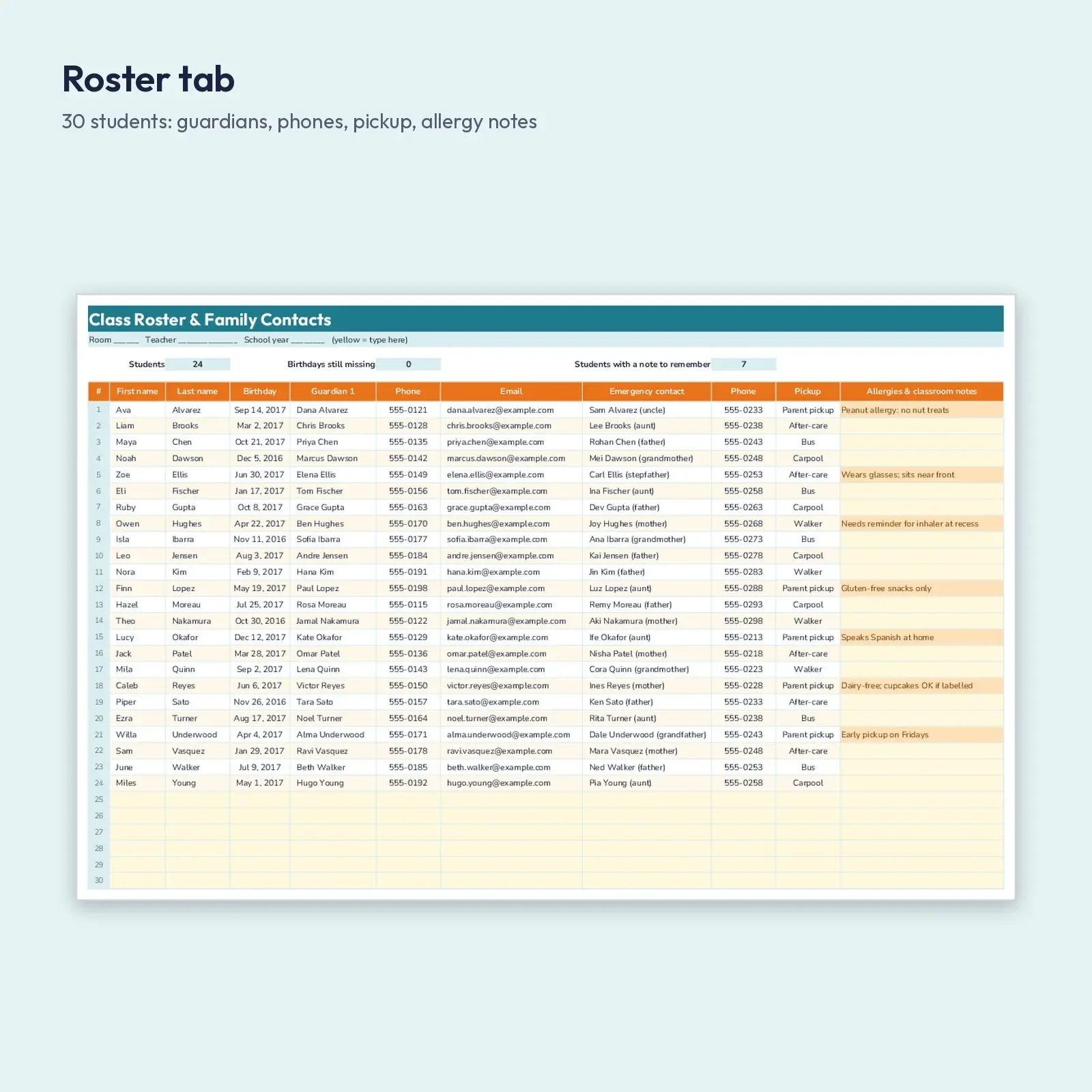 Fall Class Roster and Family Contact Sheet – Excel Template with Birthdays Sorted by Month, preview 2 of 4