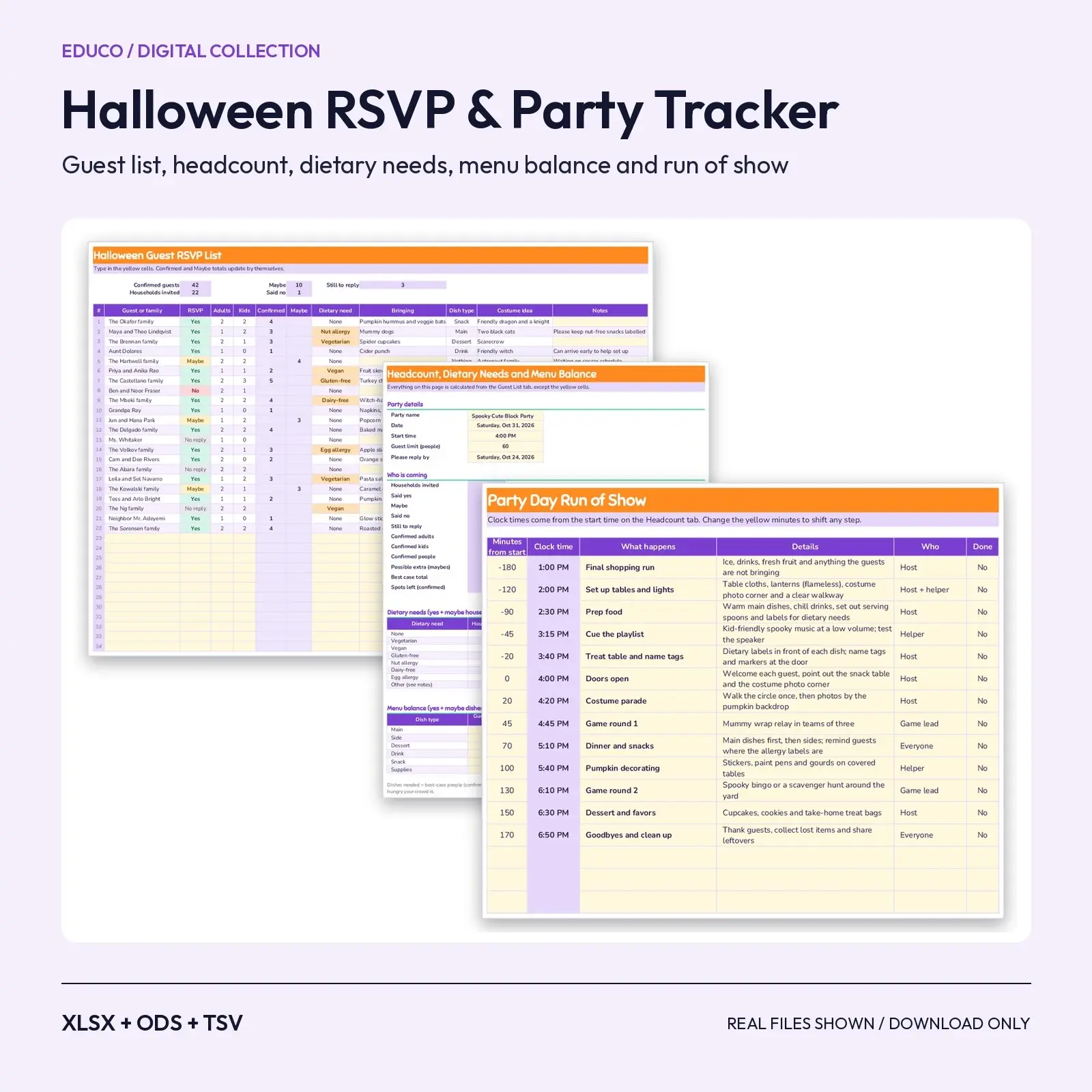 Halloween Party RSVP Tracker Spreadsheet – Guest List, Headcount, Dietary Needs and Costume Ideas preview
