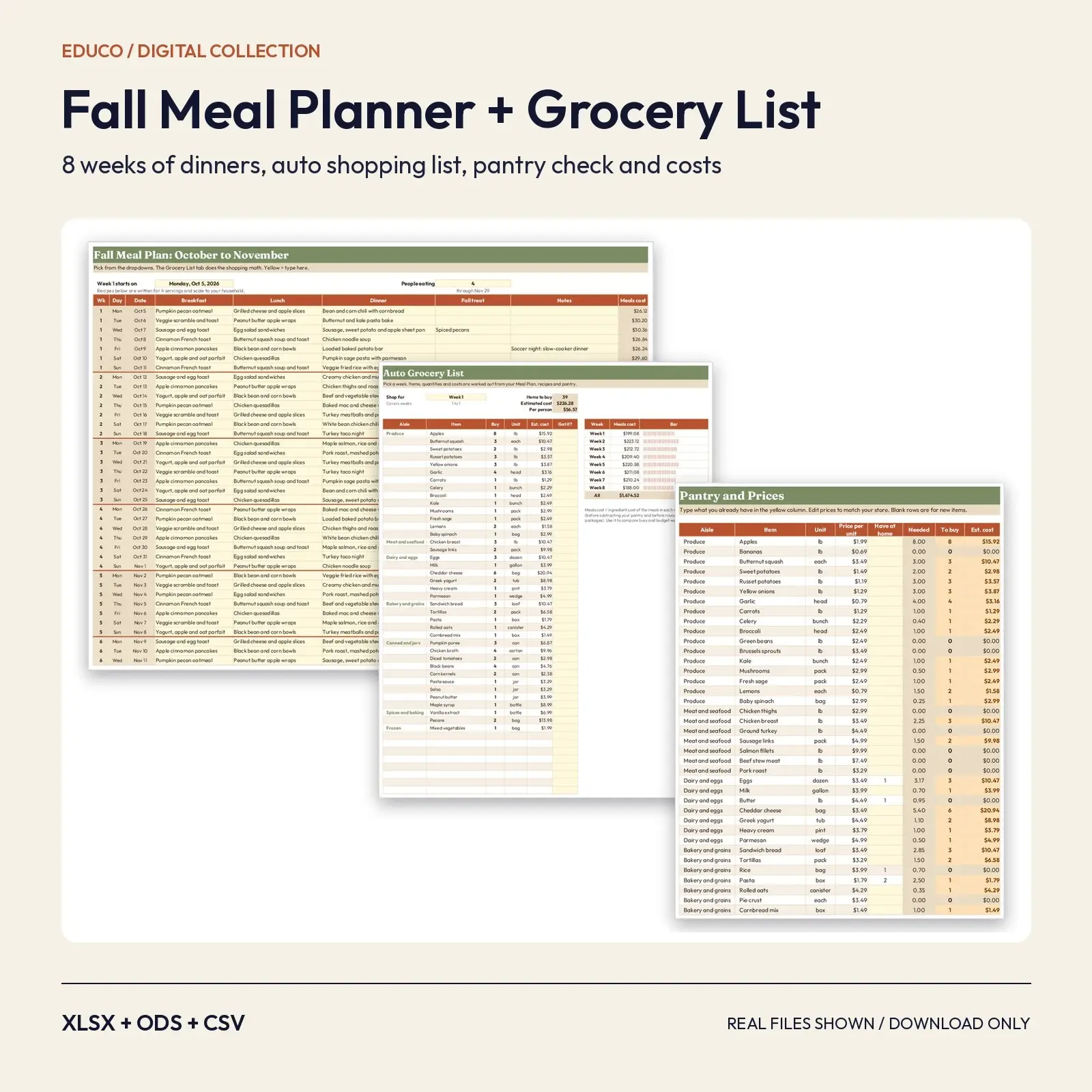 Fall Weekly Meal Planner and Auto Grocery List Spreadsheet – 8 Weeks, October to November preview