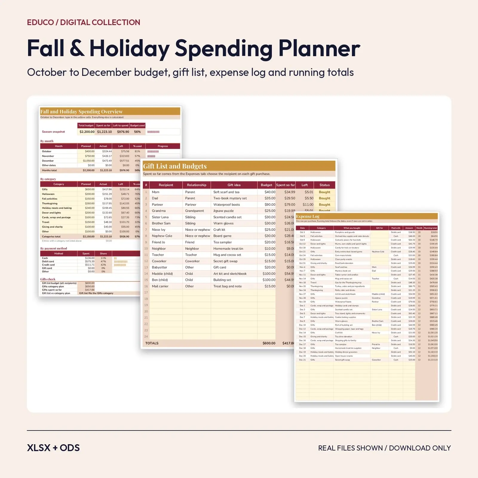 Fall and Holiday Spending Planner – October to December Budget, Gift List and Expense Tracker preview