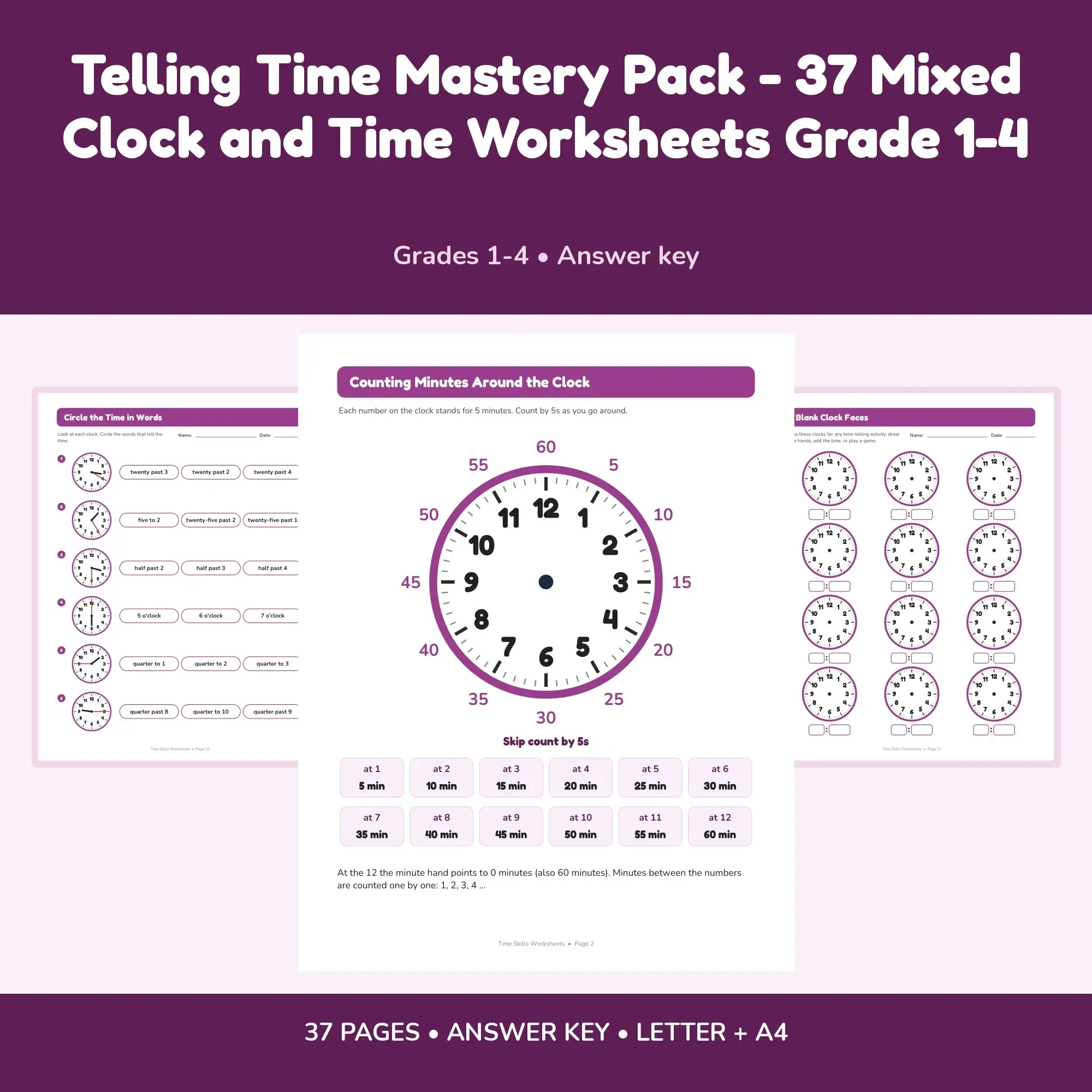 Telling Time Mastery Pack - 37 Mixed Clock and Time Worksheets Grade 1-4 preview