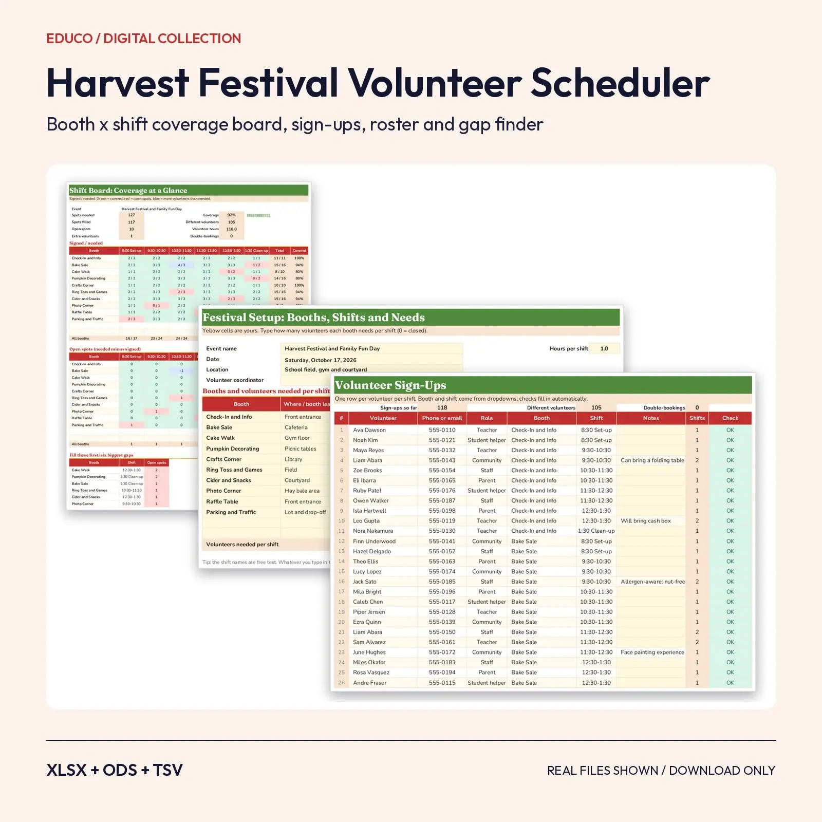 Harvest Festival Volunteer Shift Scheduler – Booth Sign-Up Sheet with Coverage Check for Excel preview