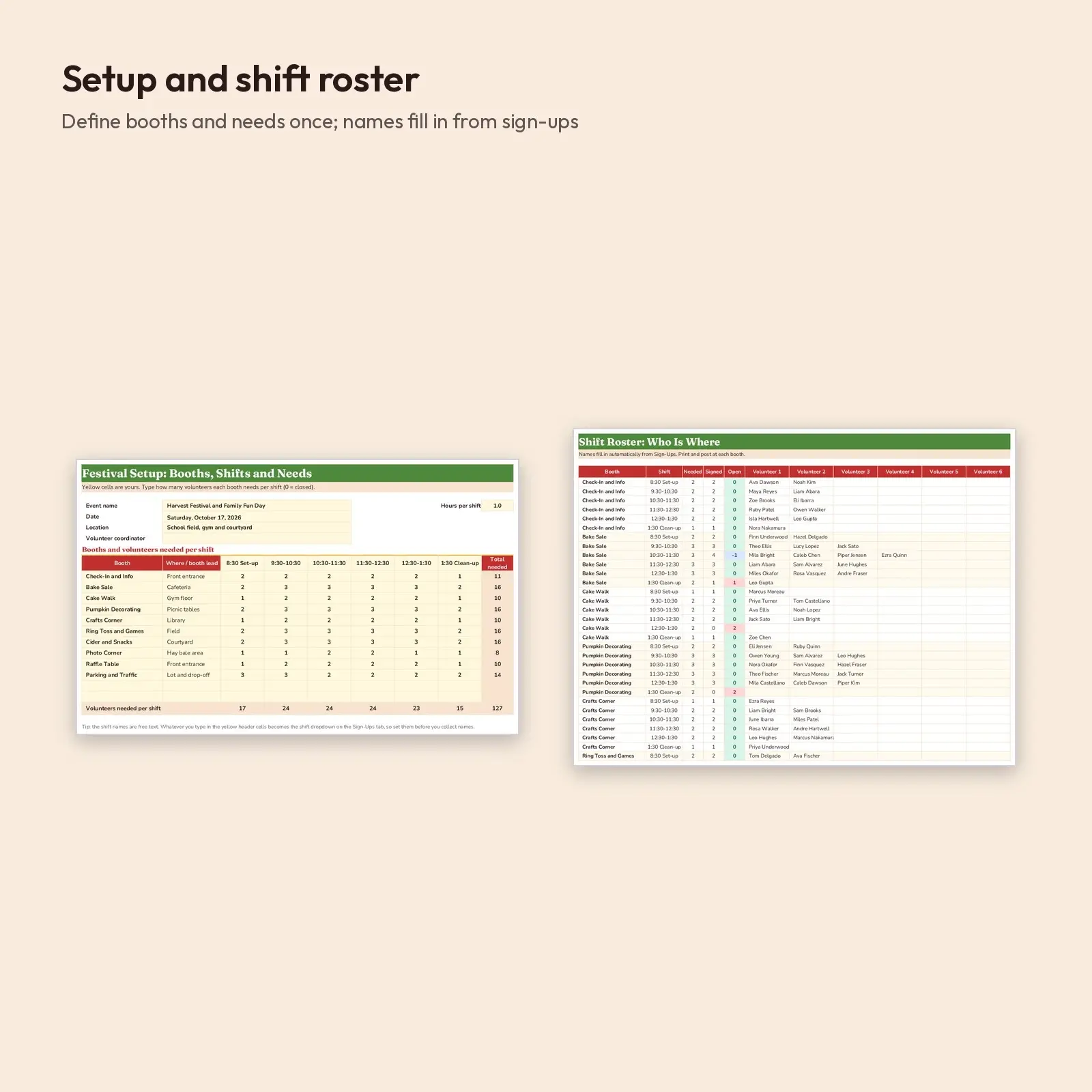 Harvest Festival Volunteer Shift Scheduler – Booth Sign-Up Sheet with Coverage Check for Excel, preview 3 of 4