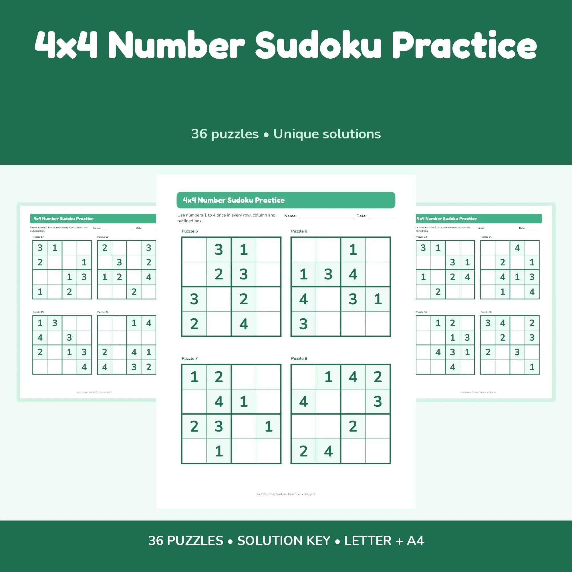 4x4 Number Sudoku Practice - 36 Puzzles + Solutions preview