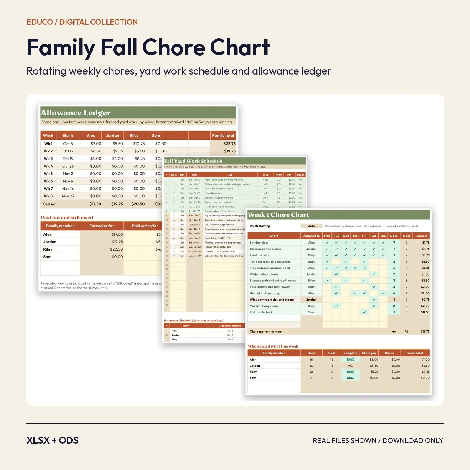 Family Fall Chore Chart and Yard Work Schedule Spreadsheet – 8 Rotating Weekly Charts with Allowance Ledger preview