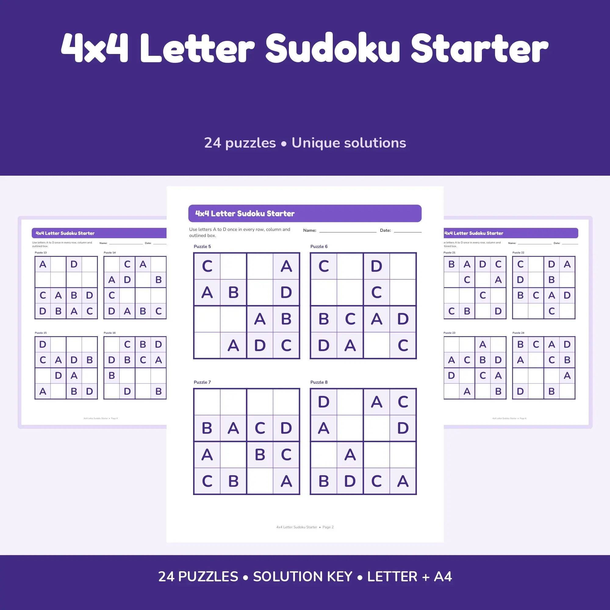 4x4 Letter Sudoku Starter - 24 Puzzles + Solutions preview