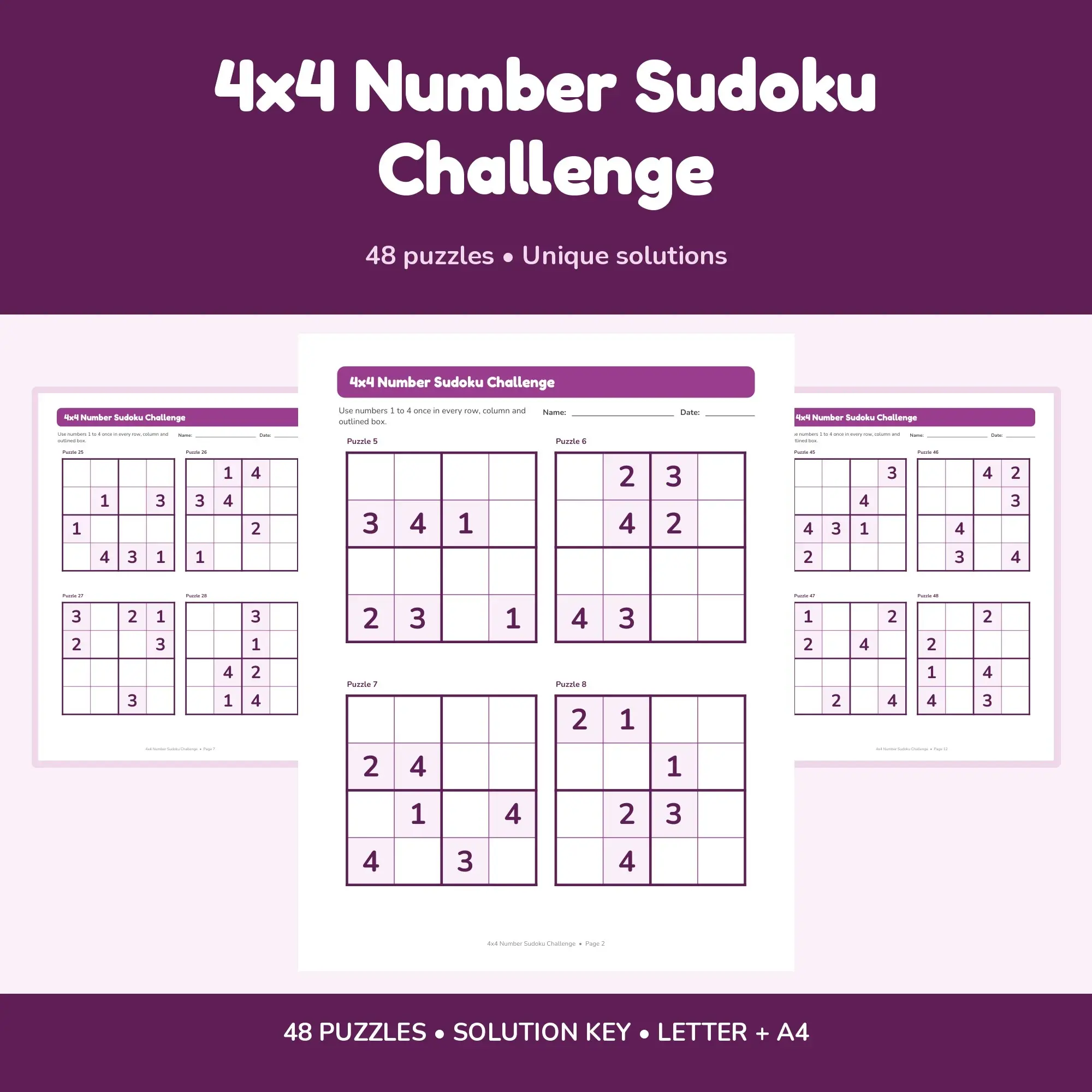 4x4 Number Sudoku Challenge - 48 Puzzles + Solutions preview