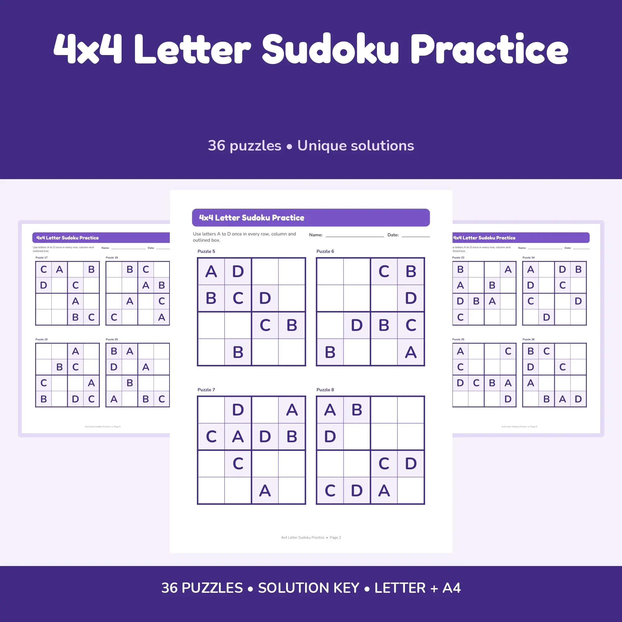 4x4 Letter Sudoku Practice - 36 Puzzles + Solutions preview