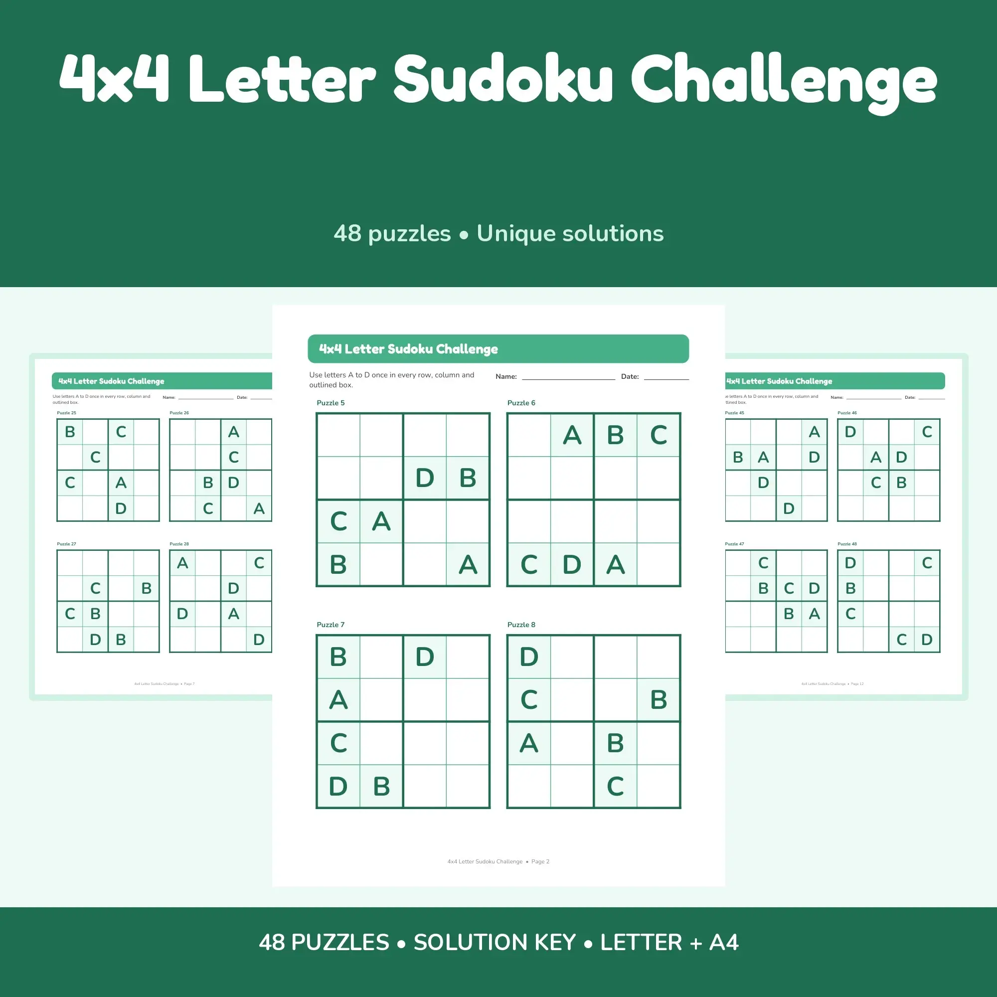 4x4 Letter Sudoku Challenge - 48 Puzzles + Solutions preview