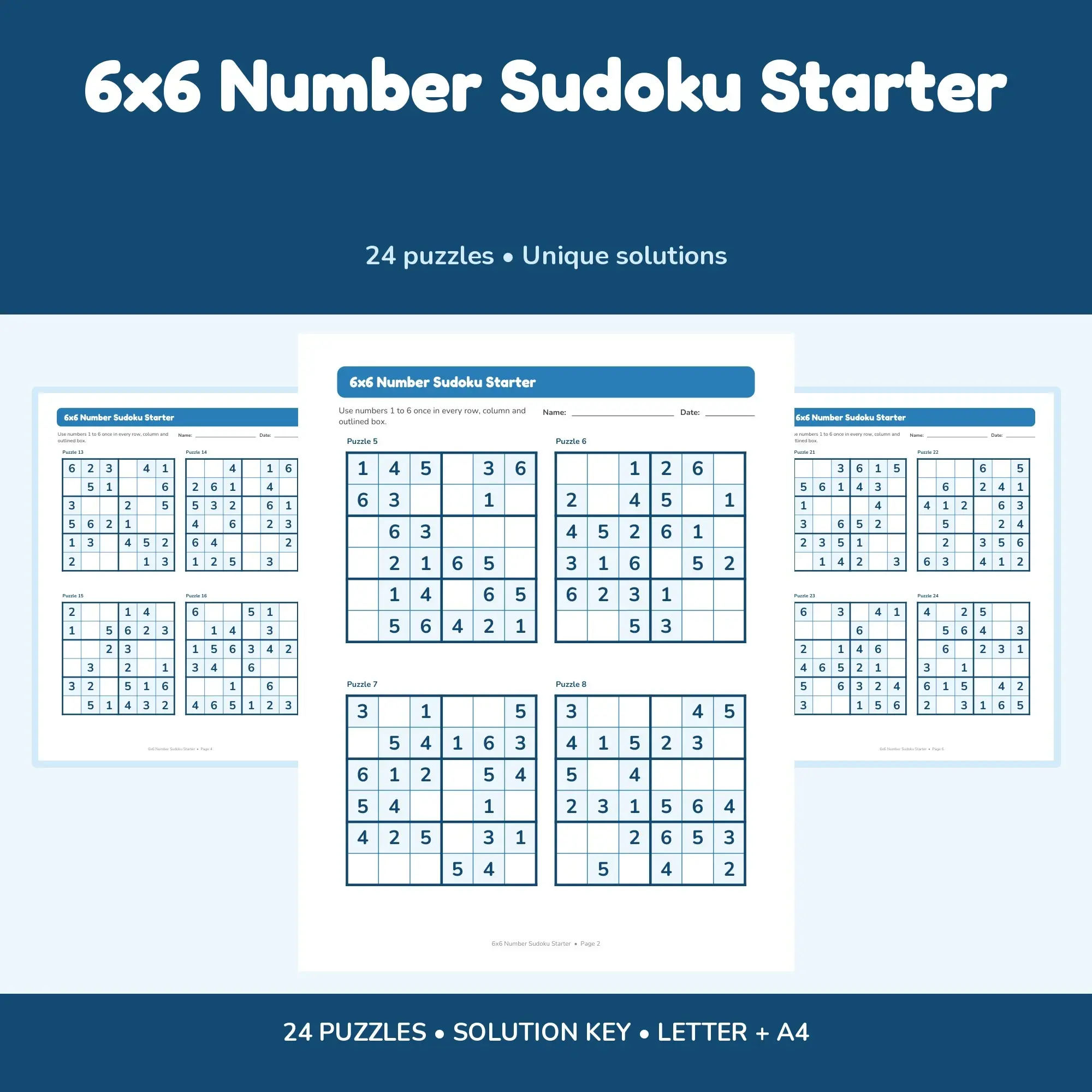 6x6 Number Sudoku Starter - 24 Puzzles + Solutions preview