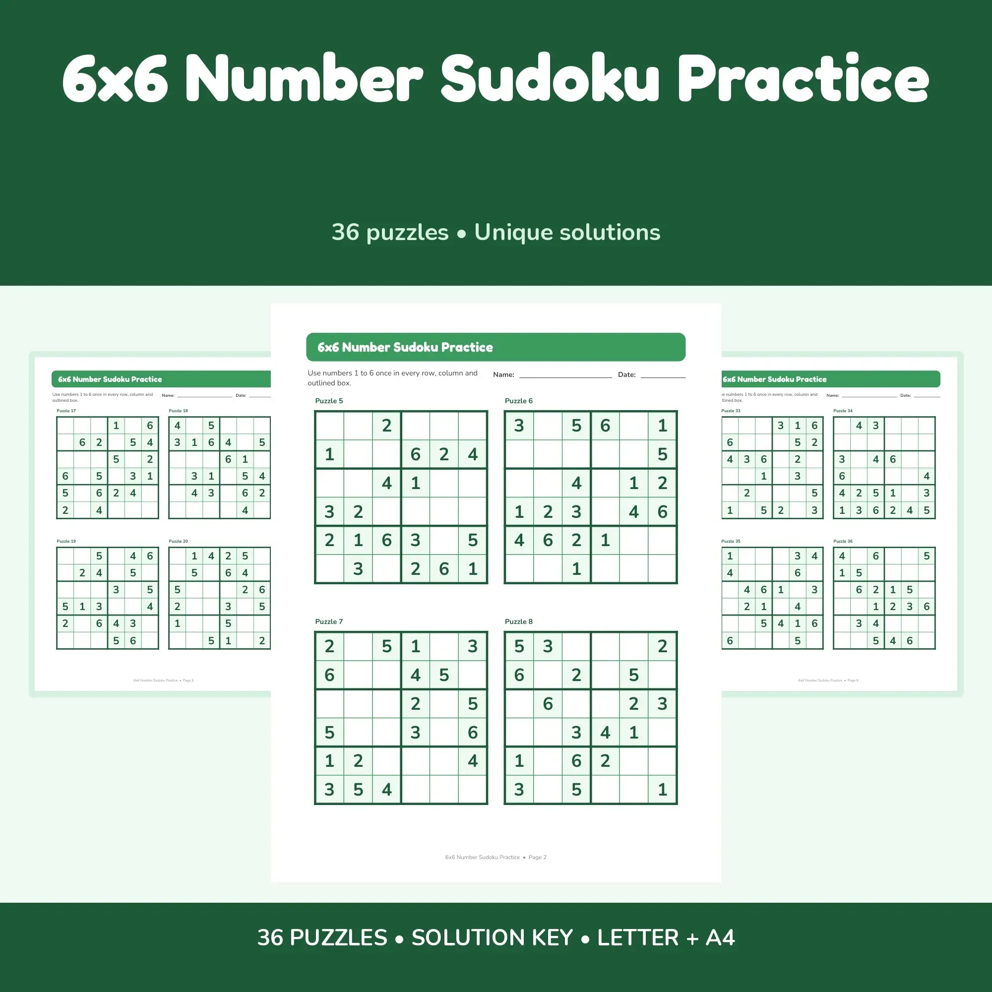 6x6 Number Sudoku Practice - 36 Puzzles + Solutions preview