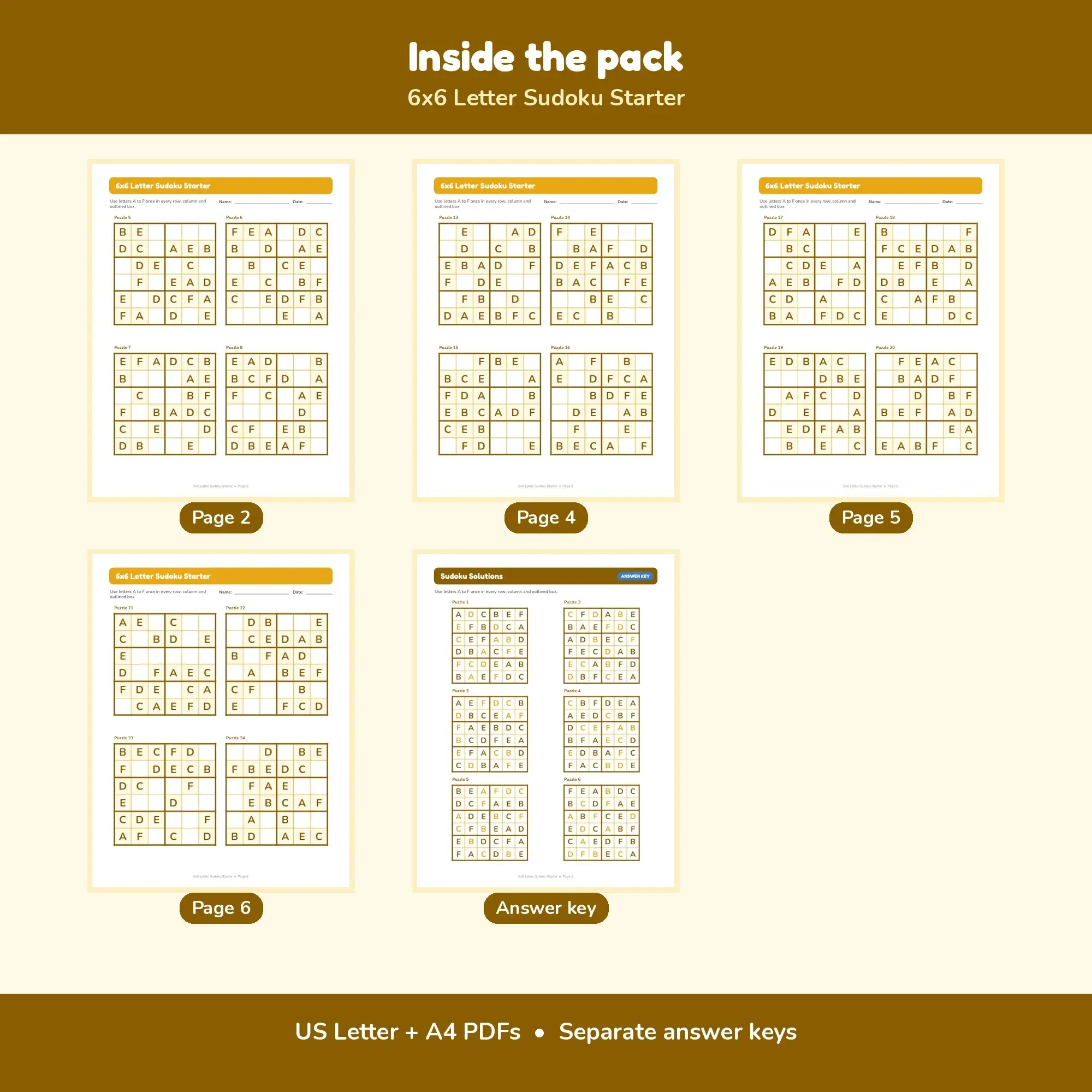 6x6 Letter Sudoku Starter - 24 Puzzles + Solutions, preview 2 of 2