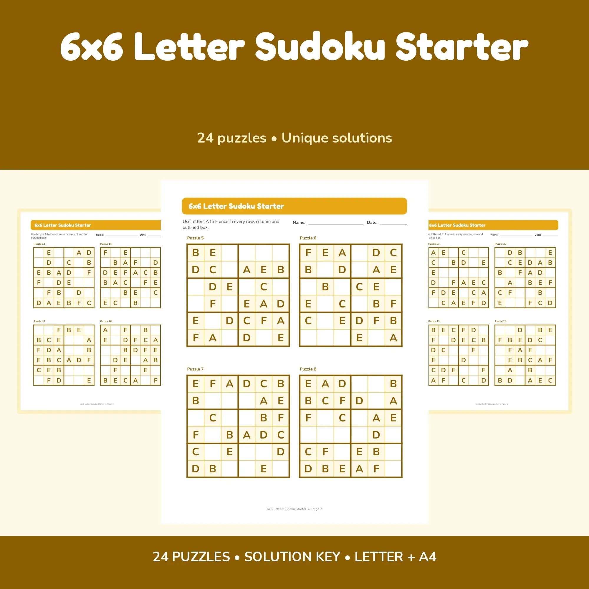 6x6 Letter Sudoku Starter - 24 Puzzles + Solutions preview
