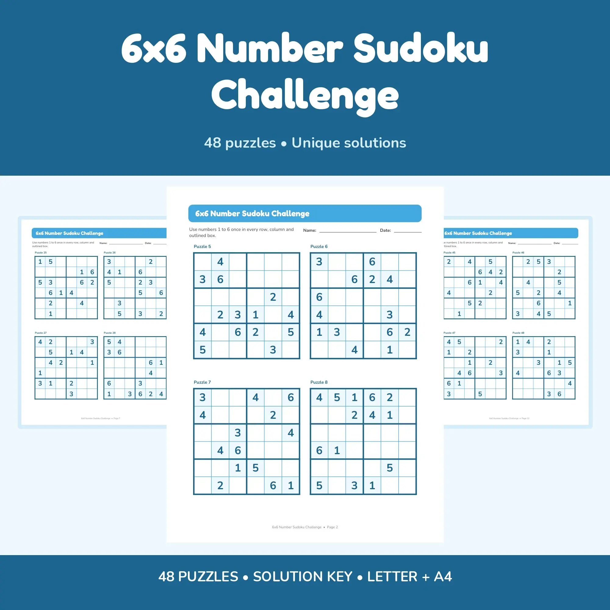 6x6 Number Sudoku Challenge - 48 Puzzles + Solutions preview